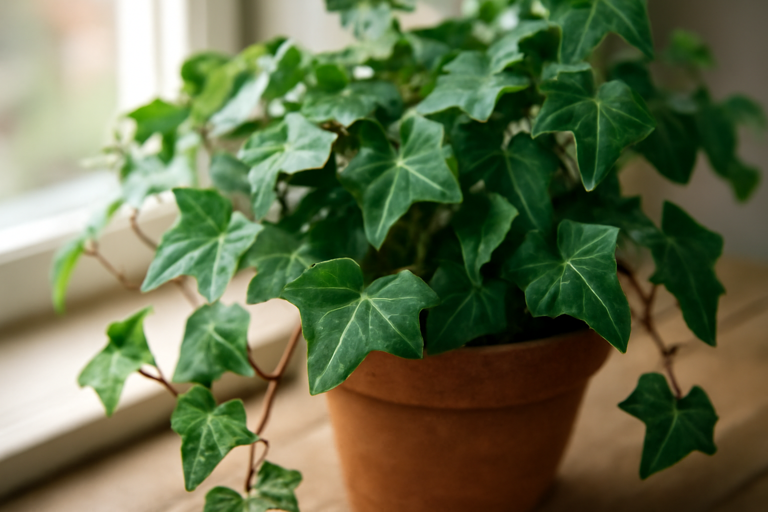 Zöld szobai borostyán növény, dús levelekkel, cserépben.