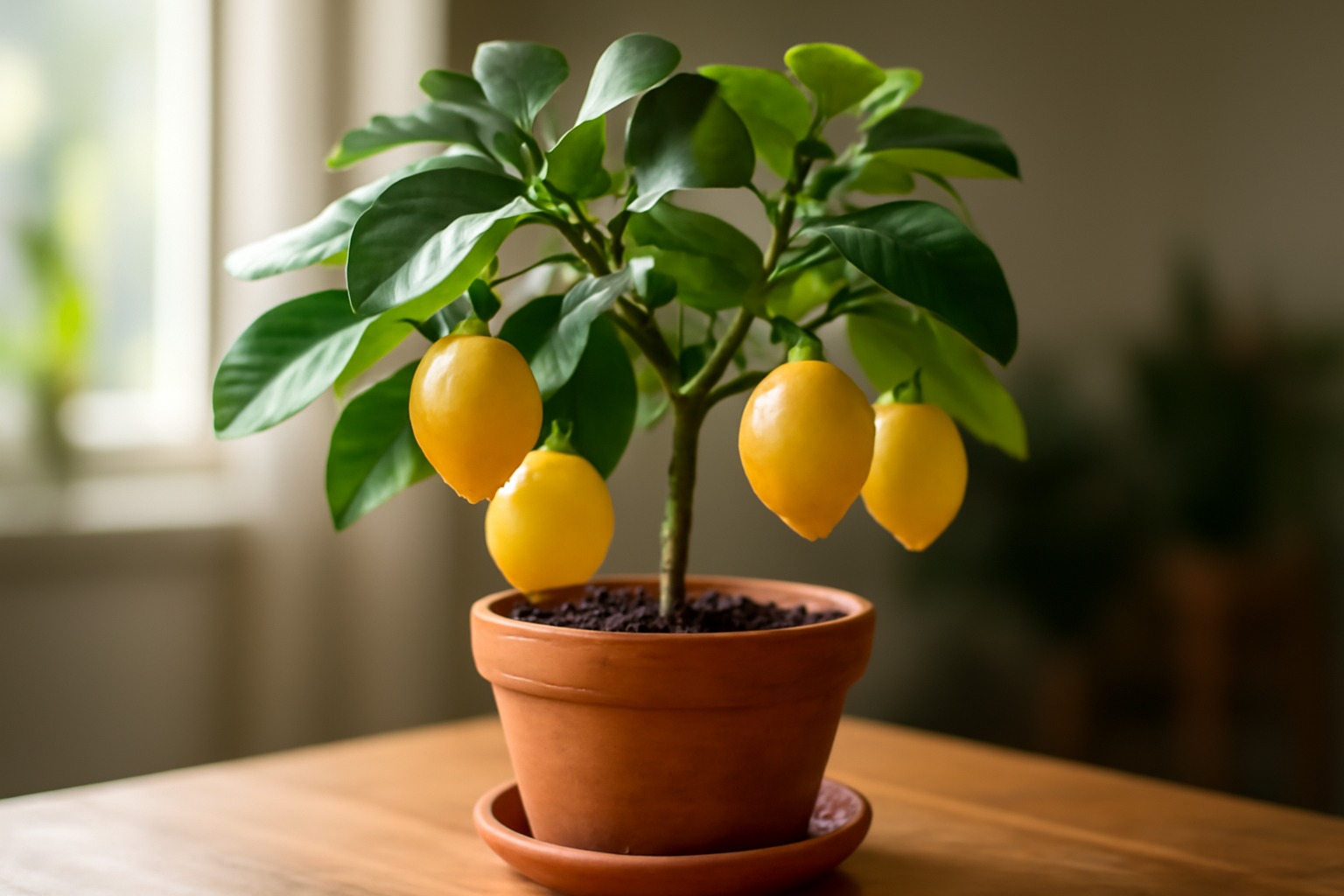 Egy szobai citromfa zöld levelekkel és érett citromokkal, terrakotta cserépben.