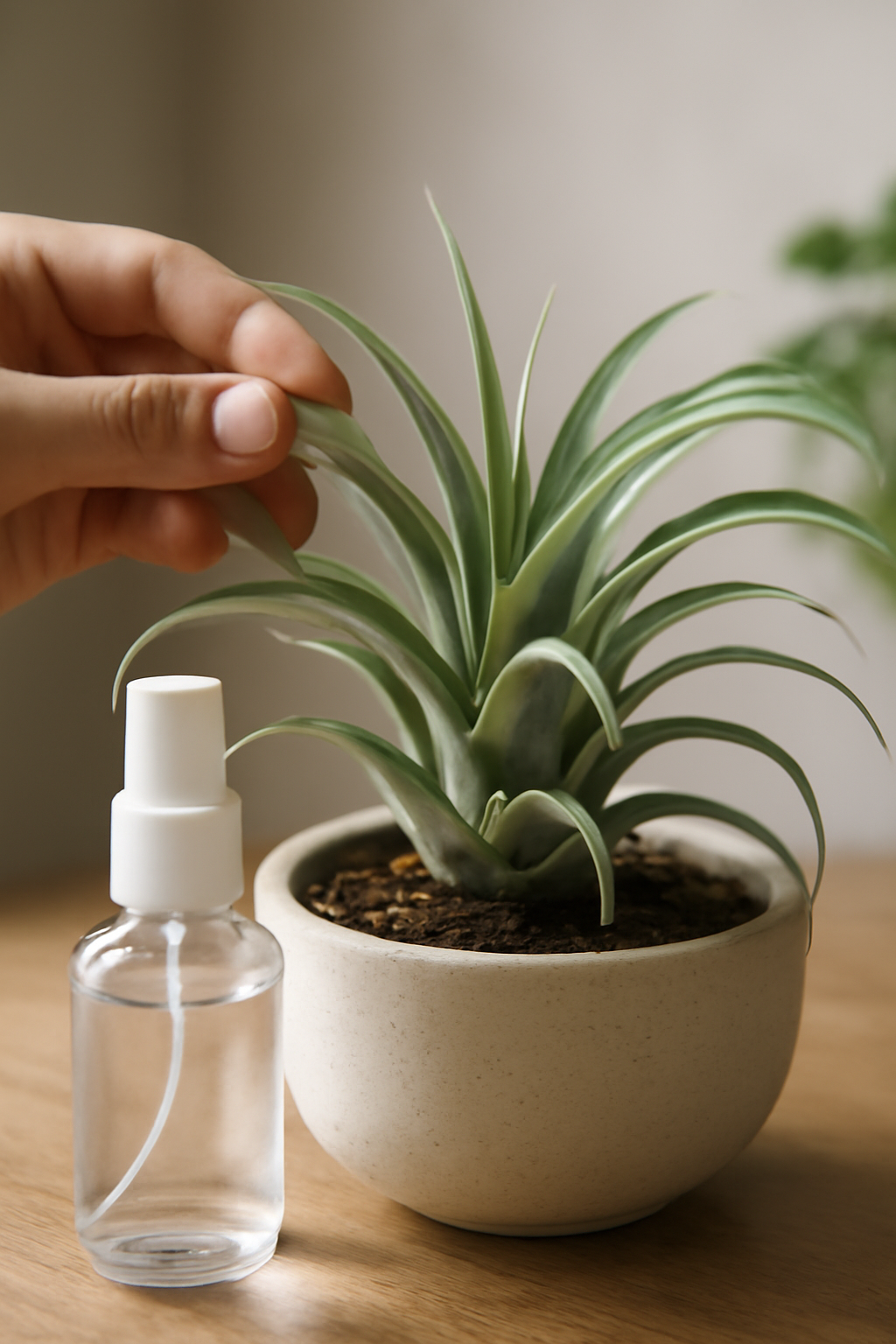 Egy kéz a tillandsia leveleit simogatja, mellette egy permetező üveg.