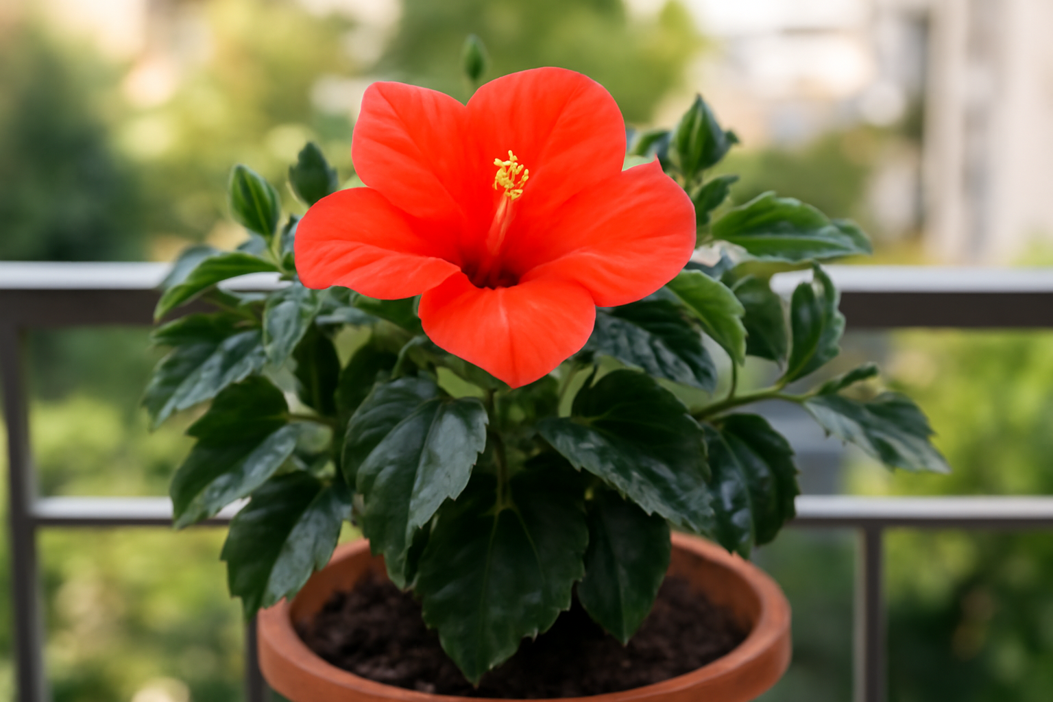 Törpe hibiszkusz élénk narancssárga virággal, zöld levelekkel, balkonon.