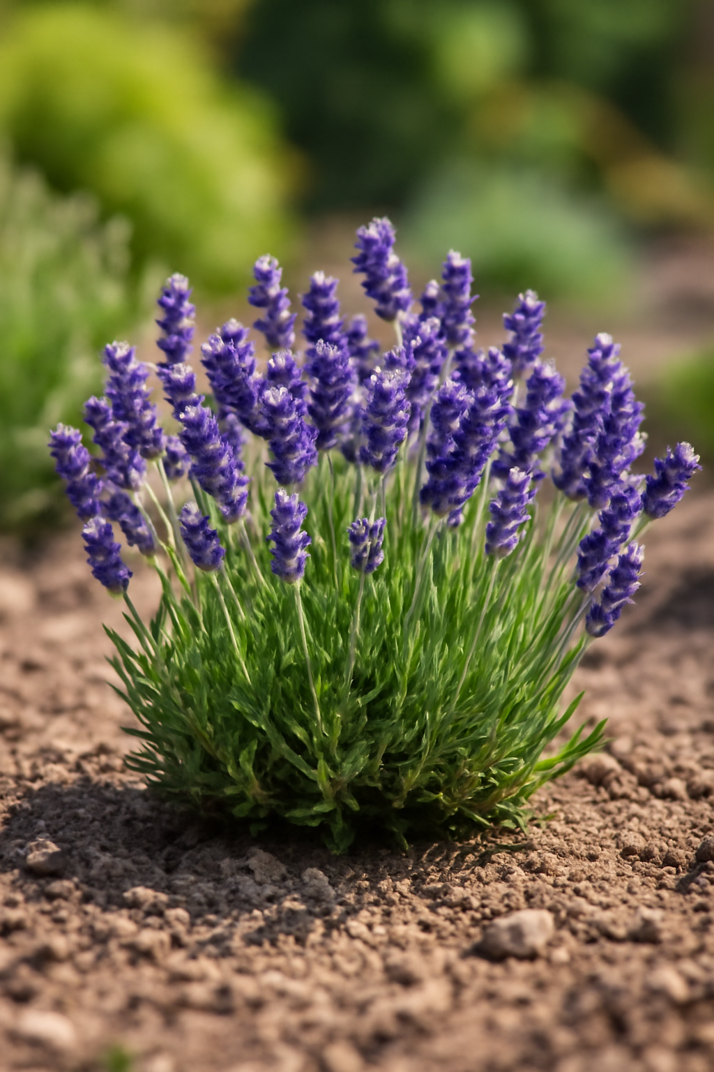 Törpe levendula virágzó növény, lila virágokkal és zöld levelekkel.