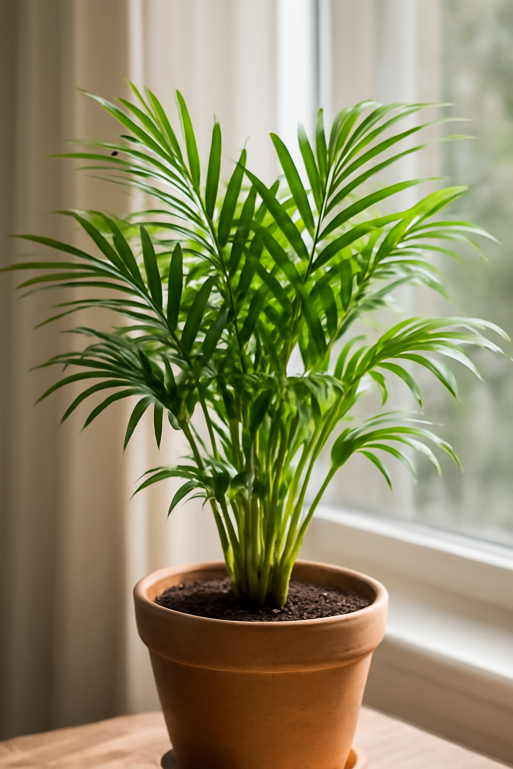 Zöld pálma szobanövény egy terrakotta cserépben, világos ablak mellett.