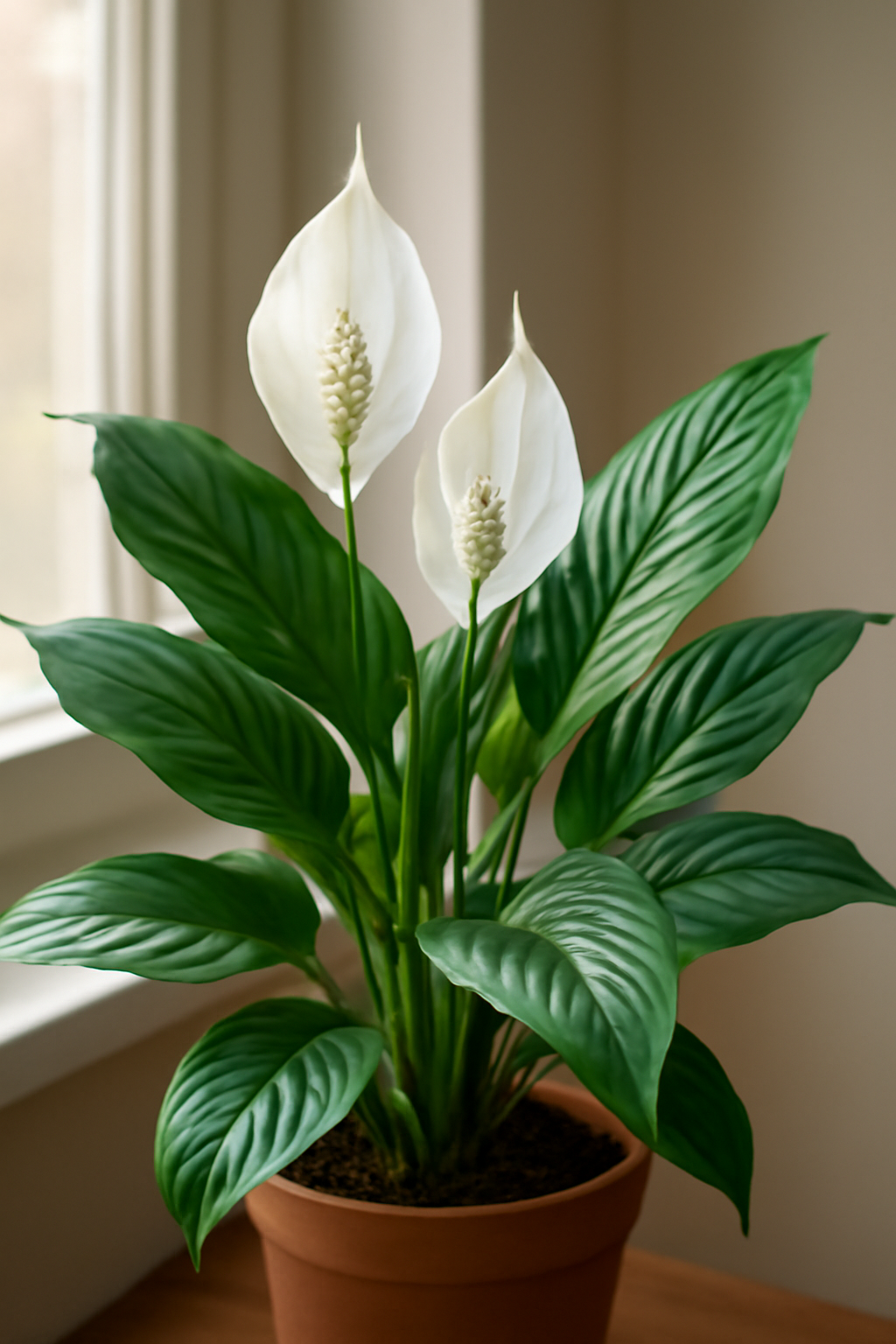 Egy vitorlavirág szobanövény, fehér virágokkal és zöld levelekkel, világos háttérben.