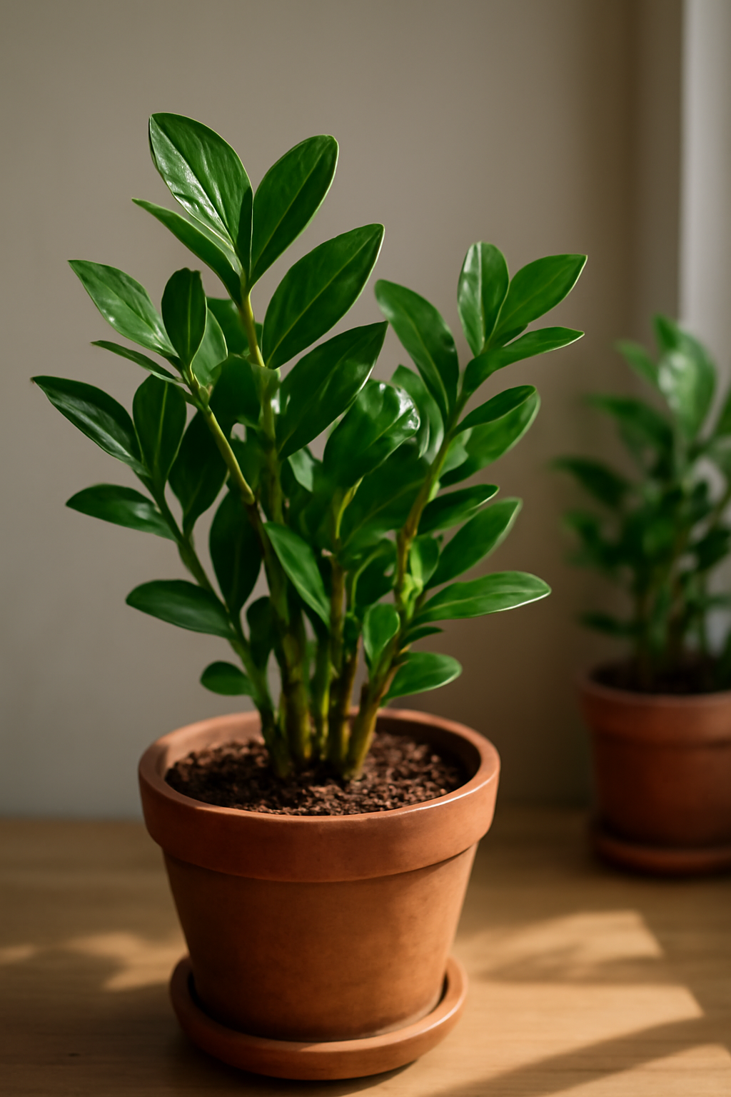 Zamioculcas növény, zöld levelekkel, terrakotta cserépben.