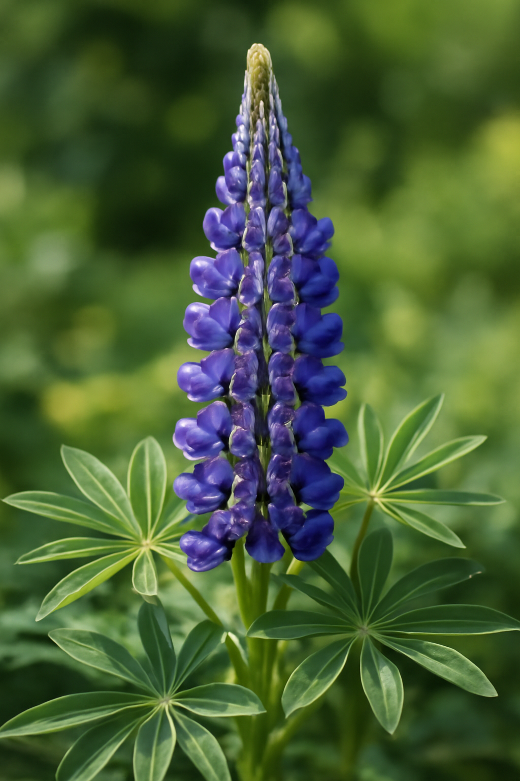Kék csillagfürt virág, zöld levelekkel, természetes környezetben.