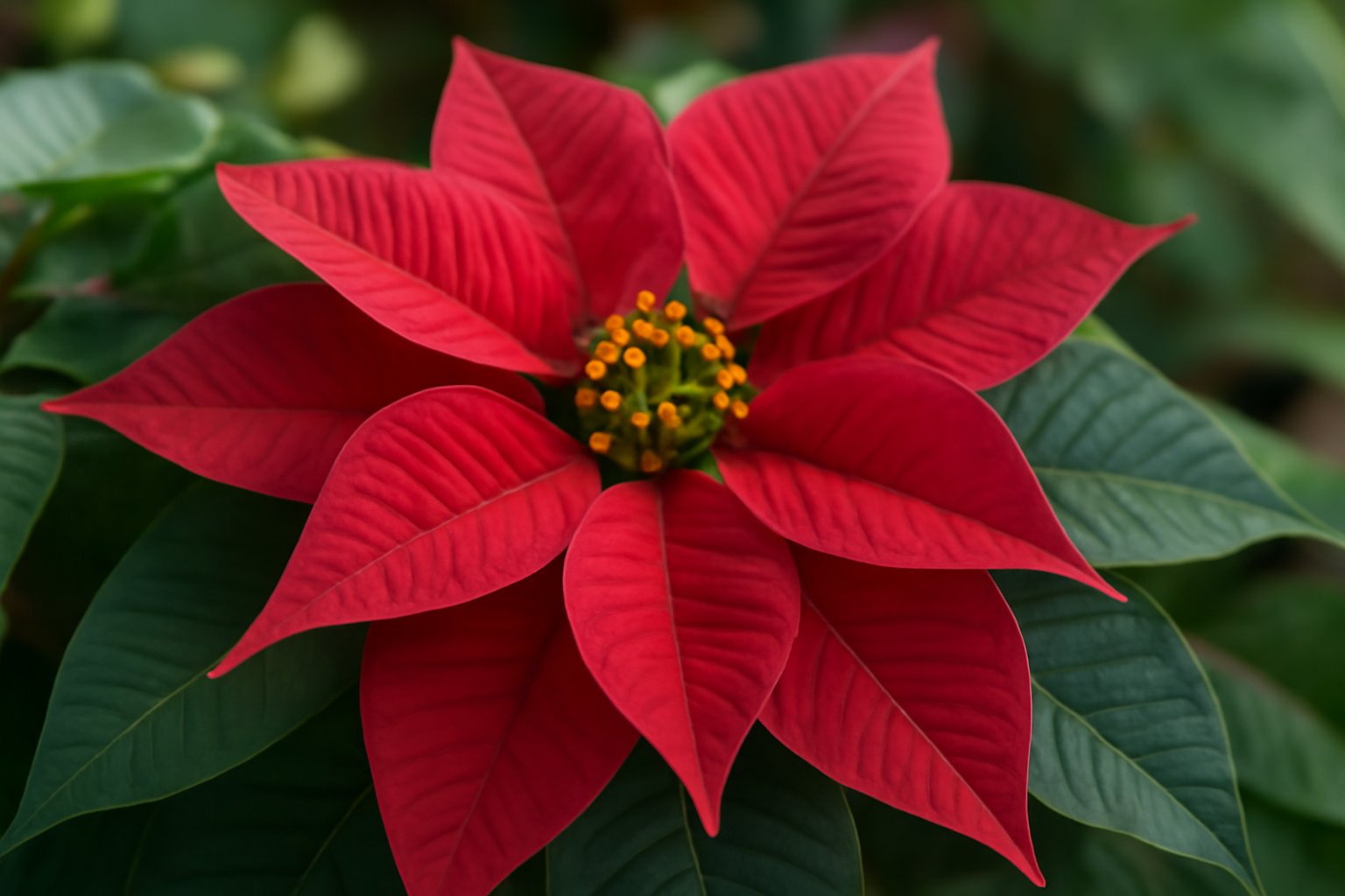 A díszcsillag élénkpiros virágai és zöld levelei, szobanövényként népszerű.