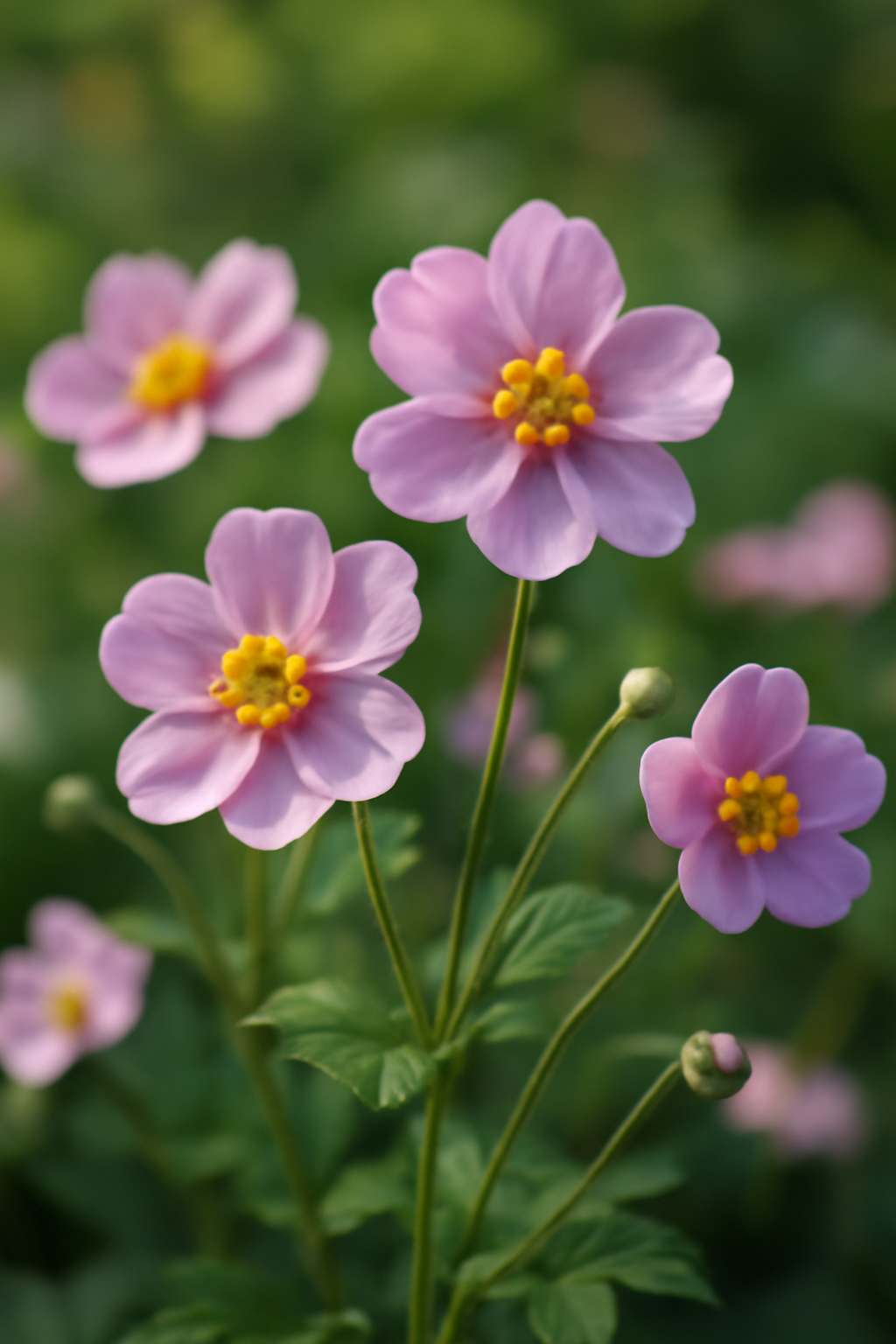 Szellőrózsa virágok, rózsaszín szirmokkal és sárga porzókkal, zöld levelek között.