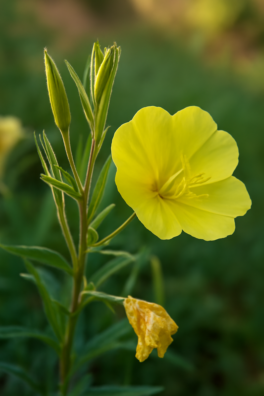 Egy sárga estike virág, zöld levelek között, a háttérben elmosódott növényekkel.