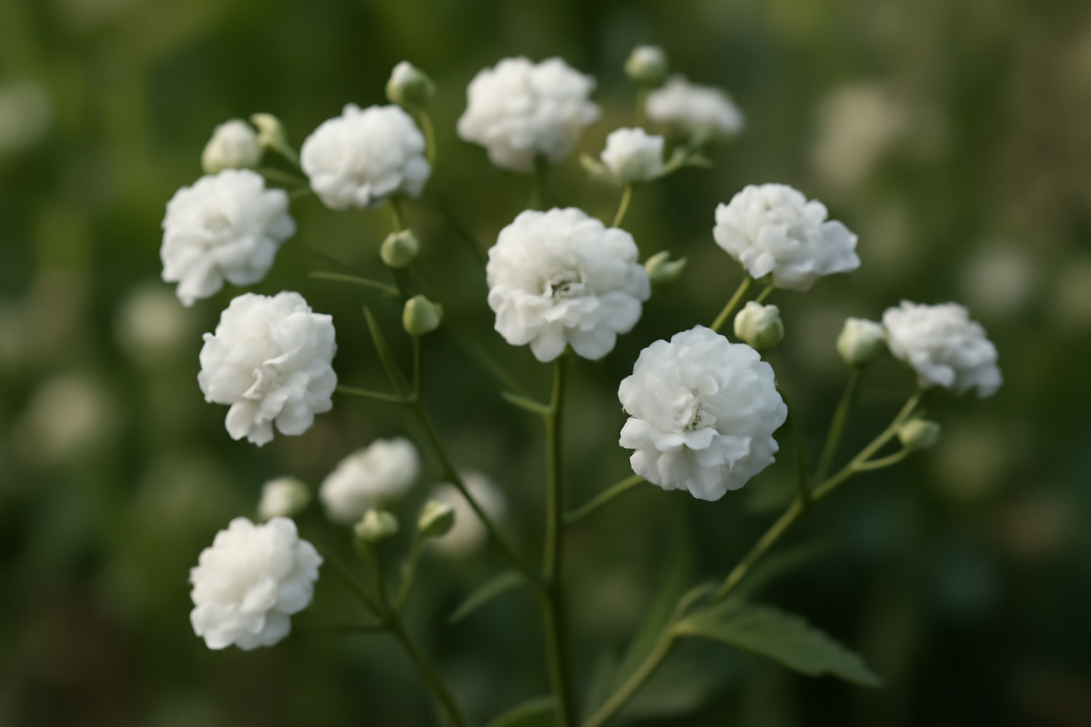 A fátyolvirág fehér, dús virágai zöld háttér előtt, mutatva szépségét.