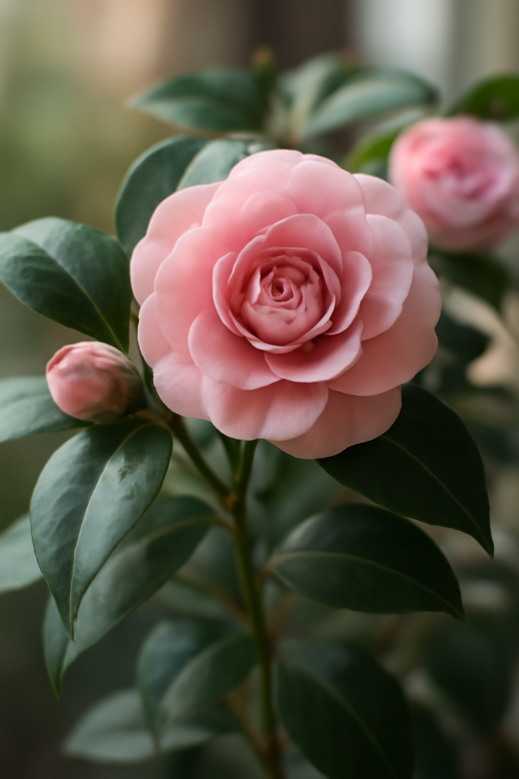 Rózsaszín kamélia virág, zöld levelekkel, szobanövényként nevelve.