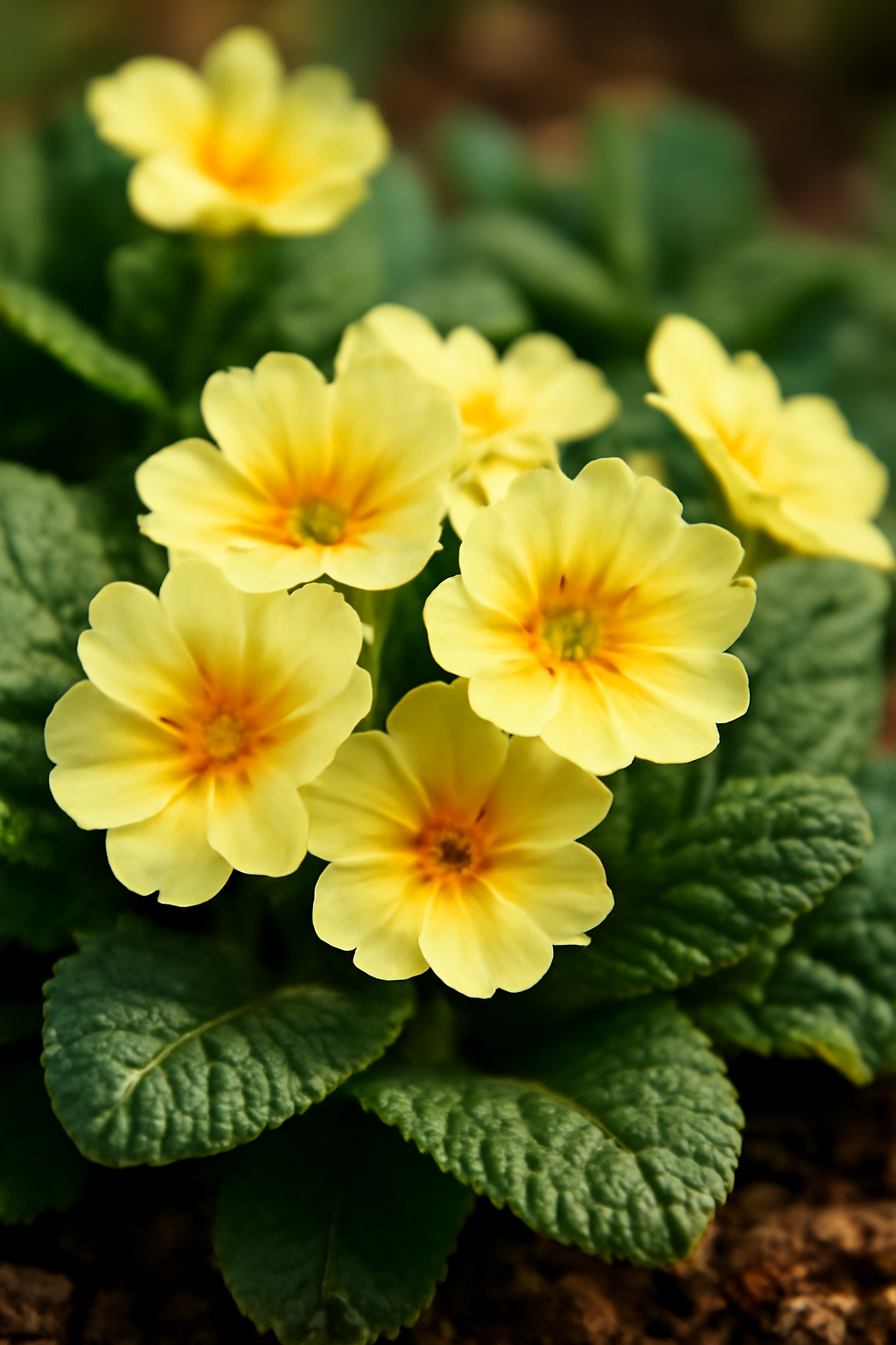 Sárga kankalin virágok zöld levelekkel, tavaszi virágzásban.