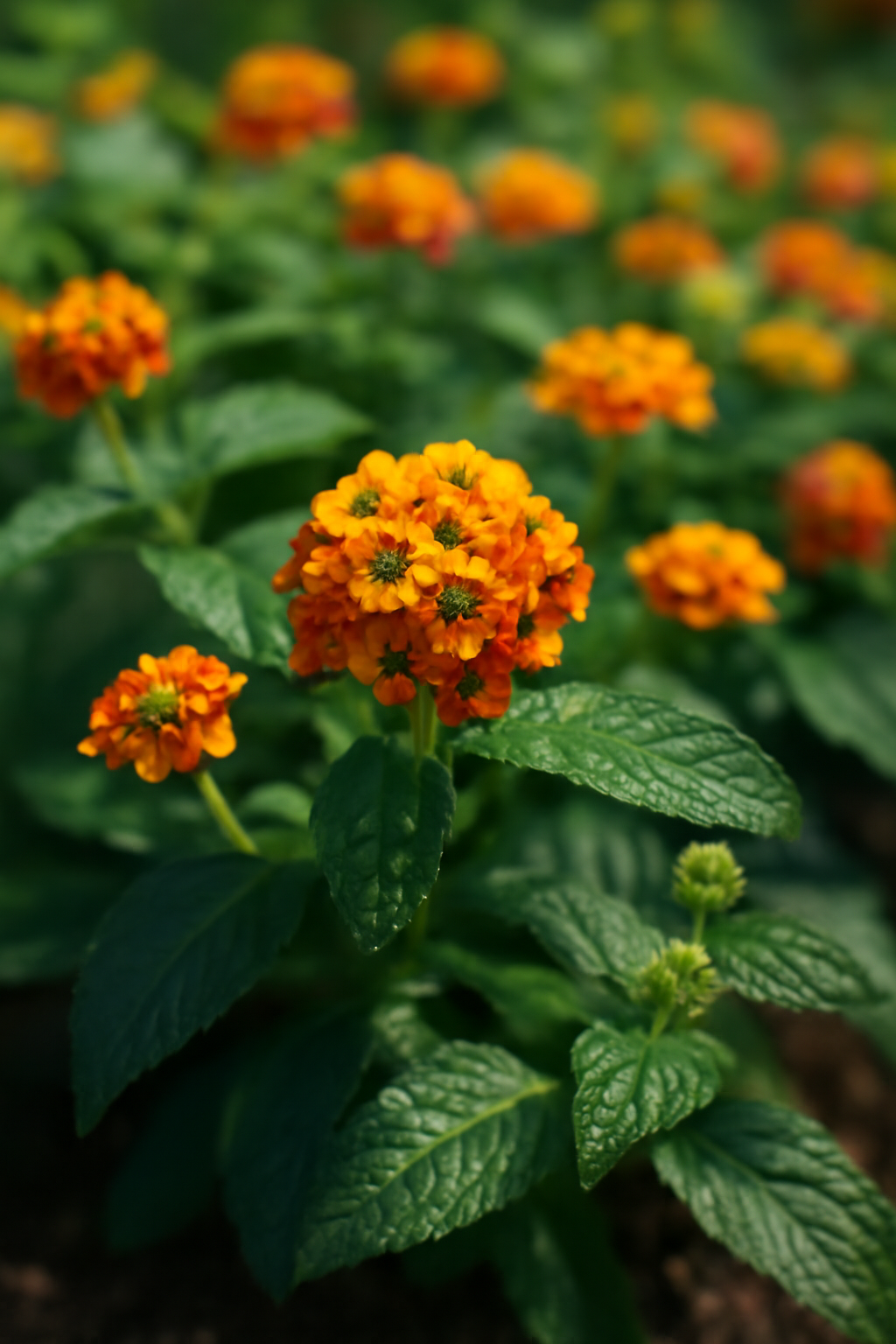 Színes lángvirágok csoportja, élénk narancssárga virágokkal és zöld levelekkel.