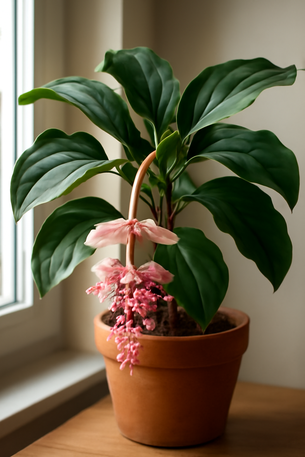 A medinilla növény, gyönyörű rózsaszín virágokkal és zöld levelekkel, cserépben.