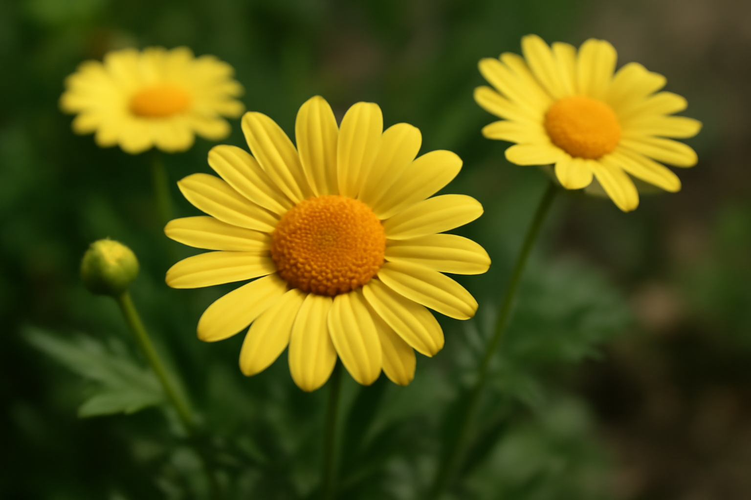 Három sárga margaréta virág, zöld levelekkel, nyári kertben.