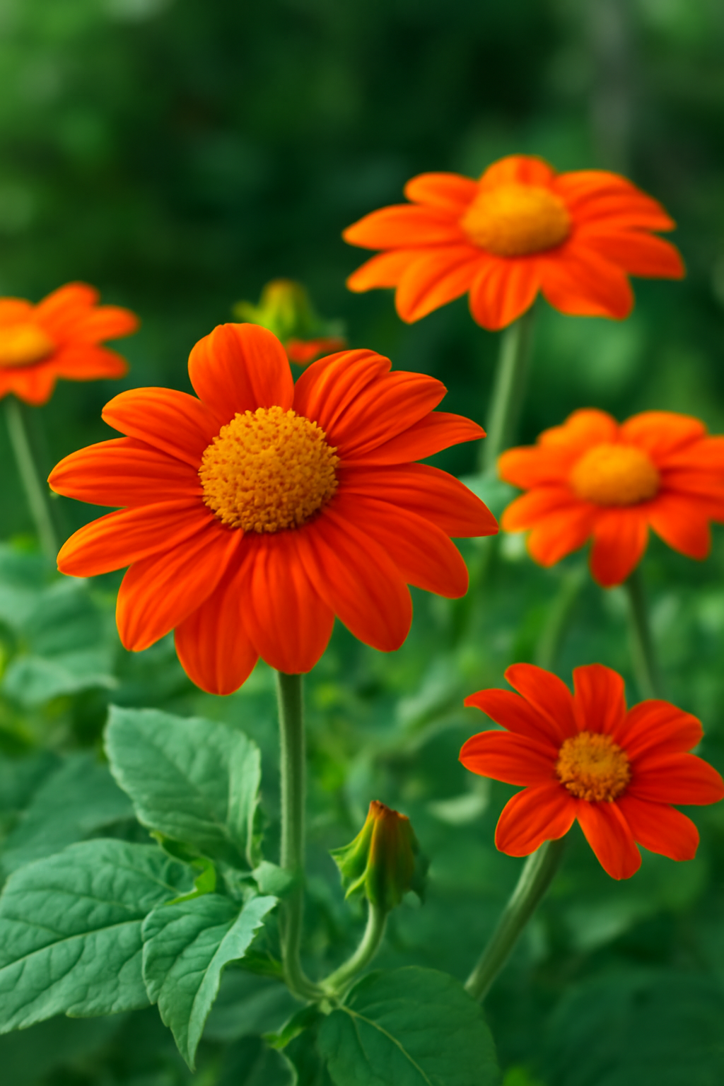 Tátika virágok élénk narancssárga szirmokkal és zöld levelekkel.