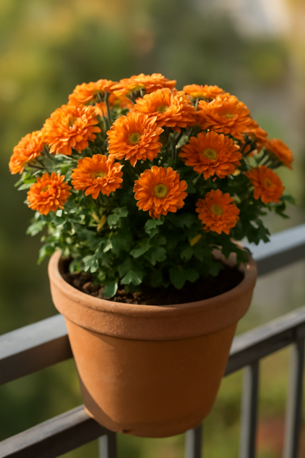 Törpe krizantém, élénk narancssárga virágokkal, balkonon elhelyezett cserépben.