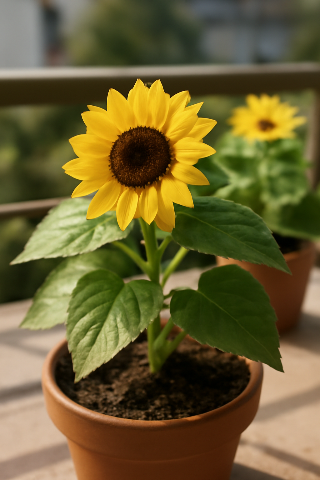 Egy törpe napraforgó virágzik cserépben, zöld levelekkel a balkonon.