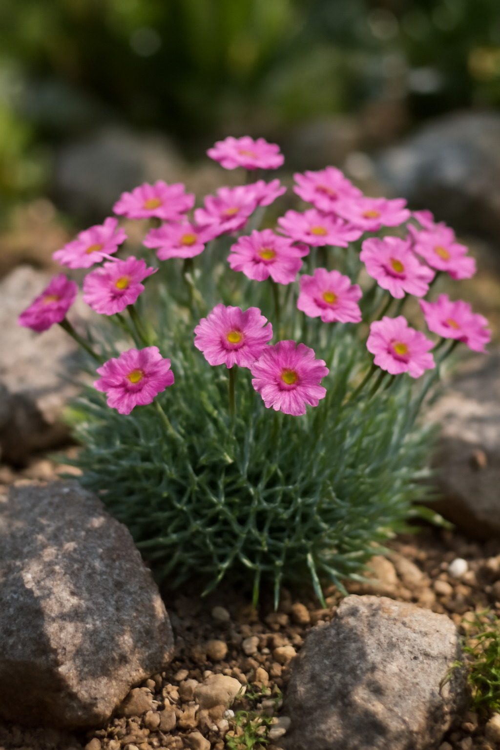 Törpe szegfű virágzó növény, rózsaszín virágokkal, sziklakertben.