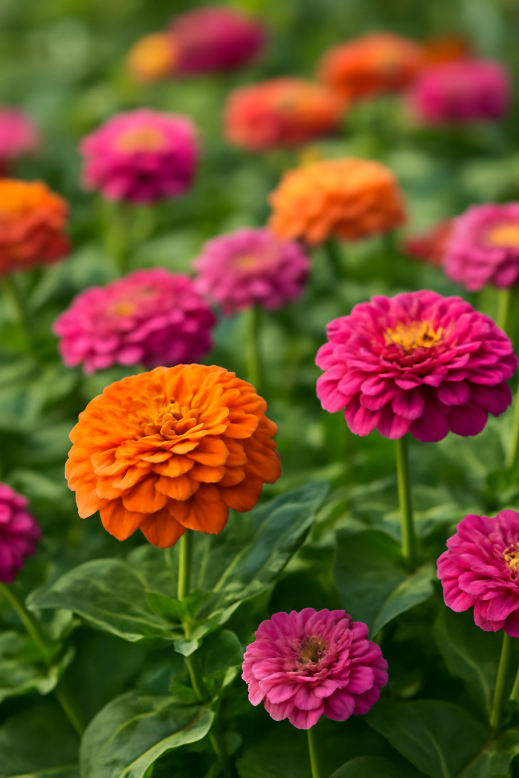 Színes zinnia virágok, narancs és rózsaszín árnyalatokban, zöld levelekkel.