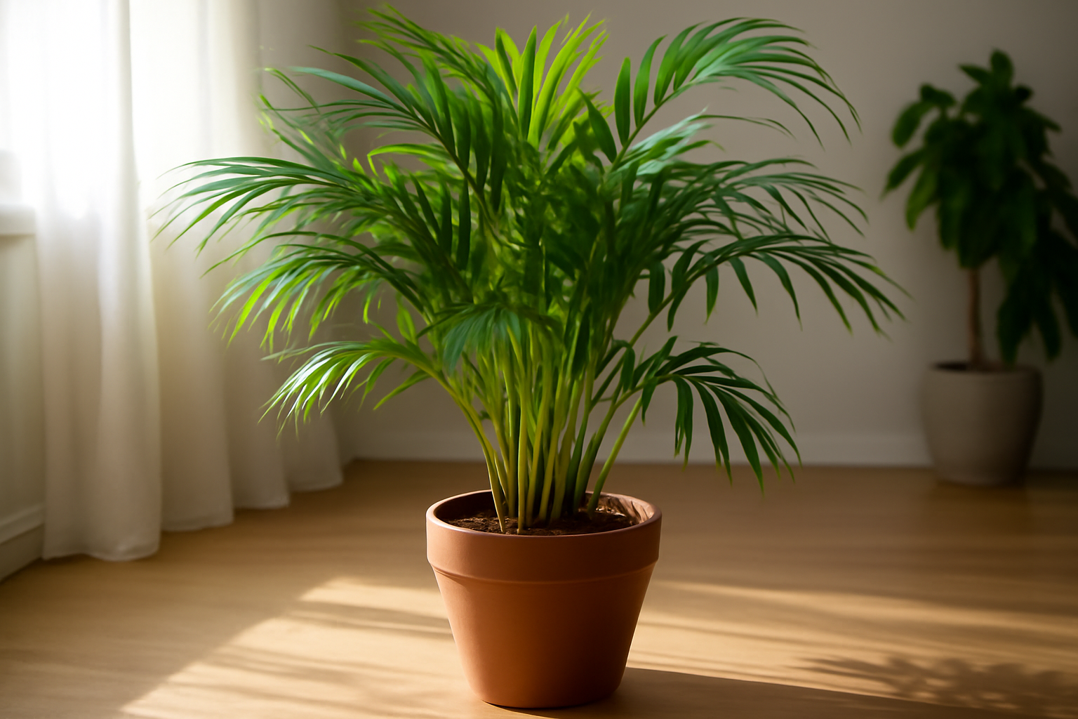 Egy egészséges aranypálma (Areca) zöld levelekkel, terrakotta cserépben.
