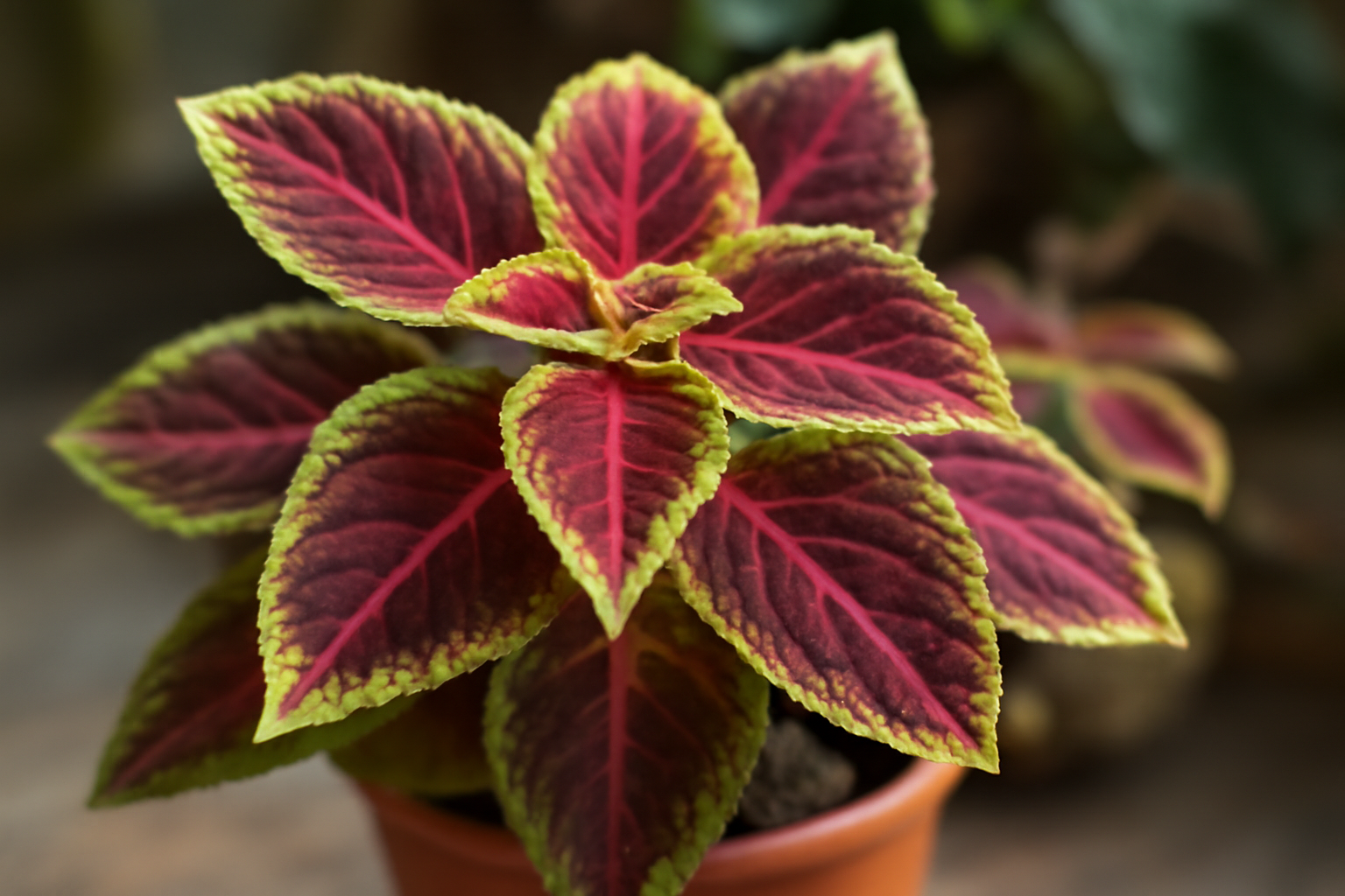 Színes díszcsalán (Coleus) levelek, zöld és piros árnyalatokkal.