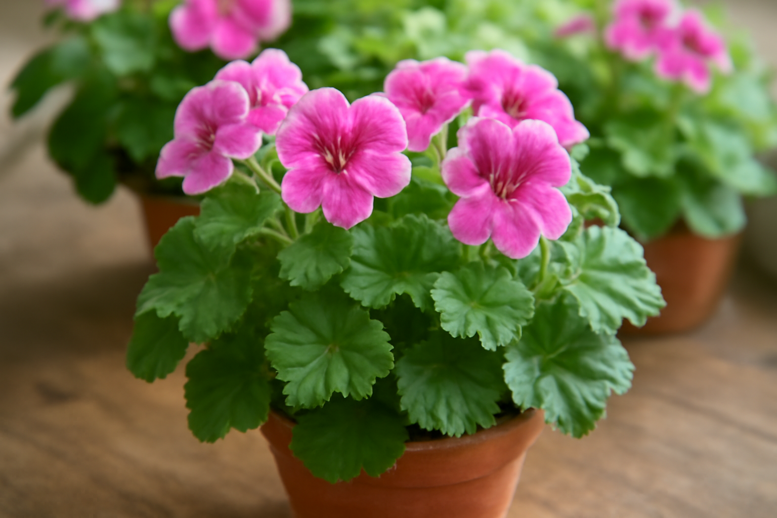 Gólyaorr (Geranium) virágzó növény, pink virágokkal és zöld levelekkel.
