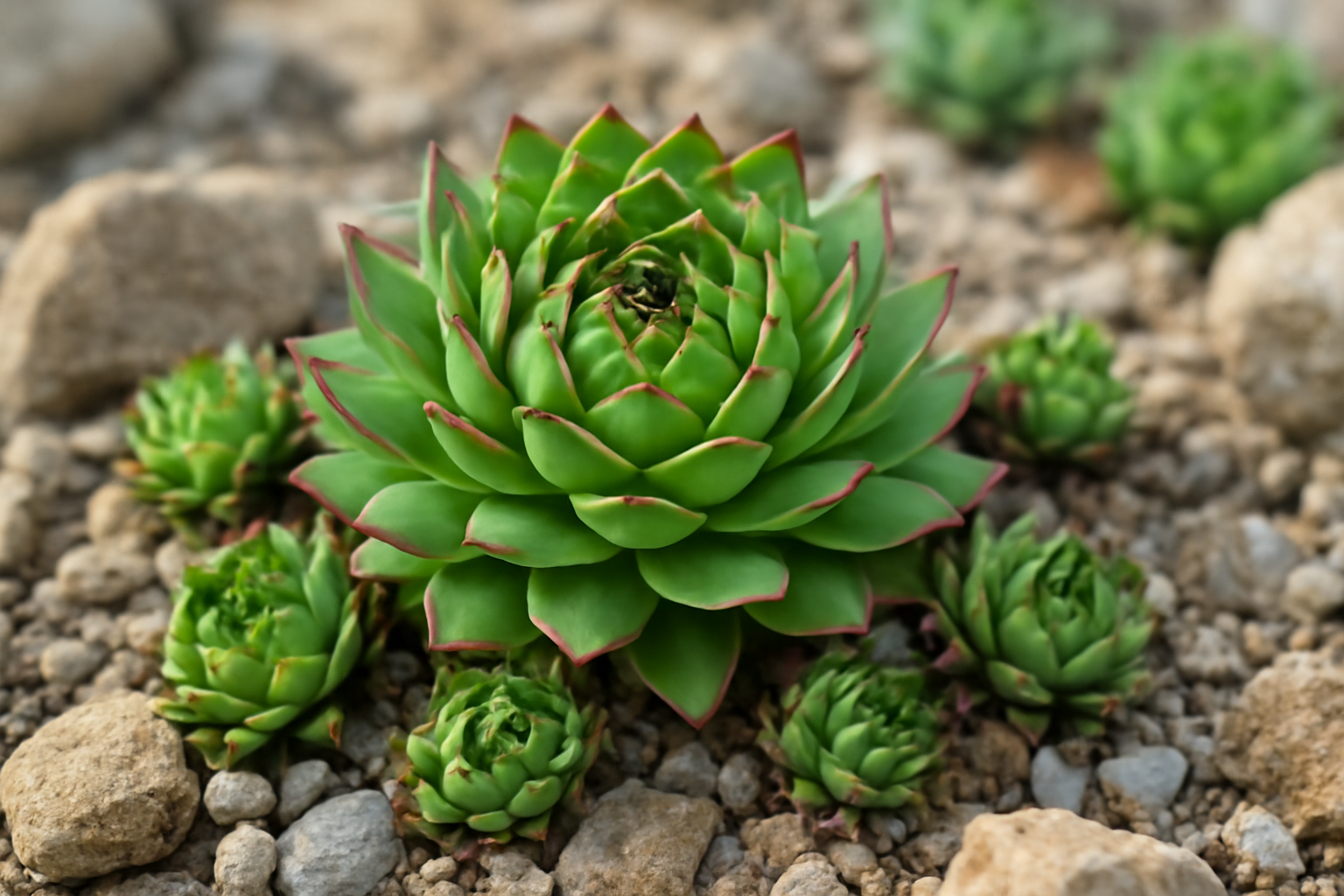 Zöld kövirózsa (Sempervivum) díszíti a sziklakertet, körülötte kisebb példányok.