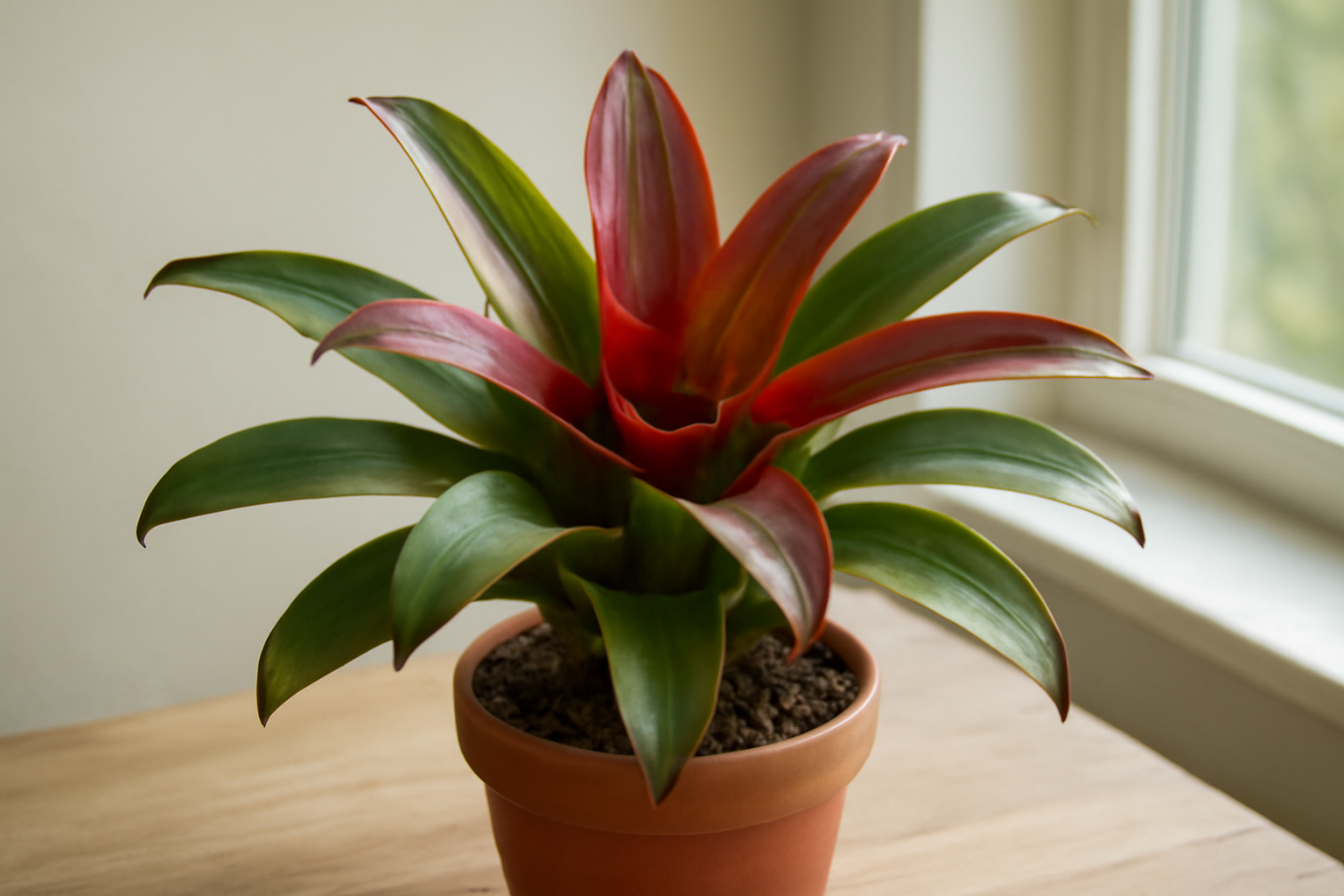 Színes levelű Neoregelia bromélia szobanövény, cserépben.