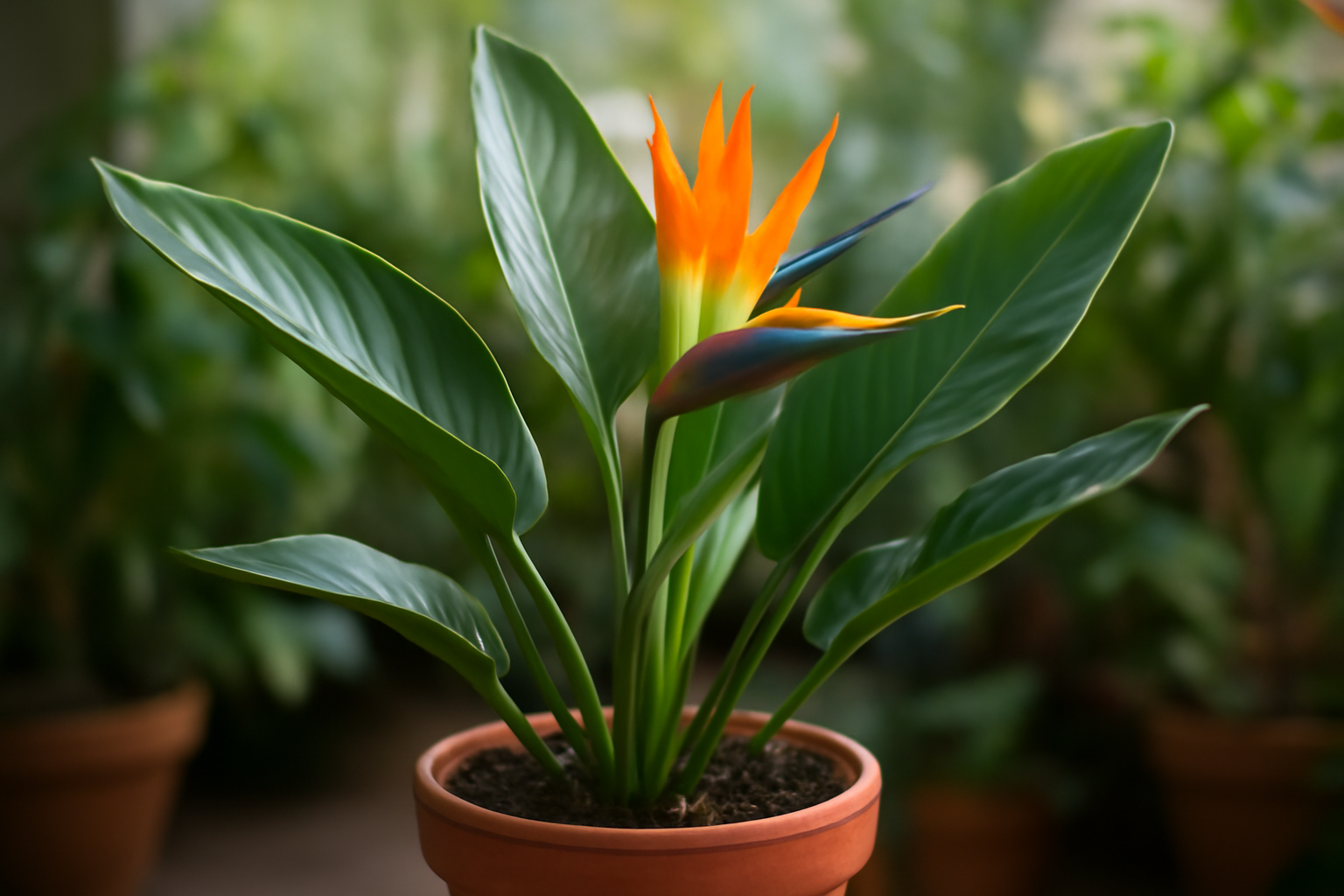 A papagájvirág (Strelitzia) élénk színű virágja és zöld levelei egy cserépben.