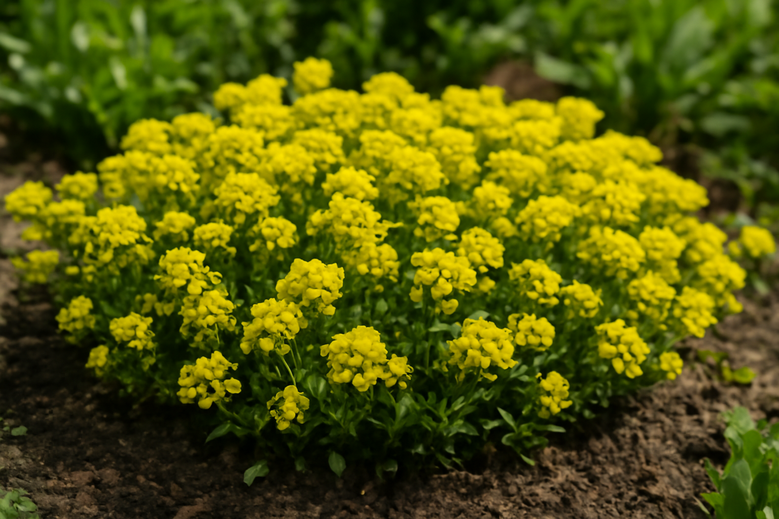 Sziklai ternye (Alyssum) sűrű, sárga virágokkal borított talajtakaró a kertben.