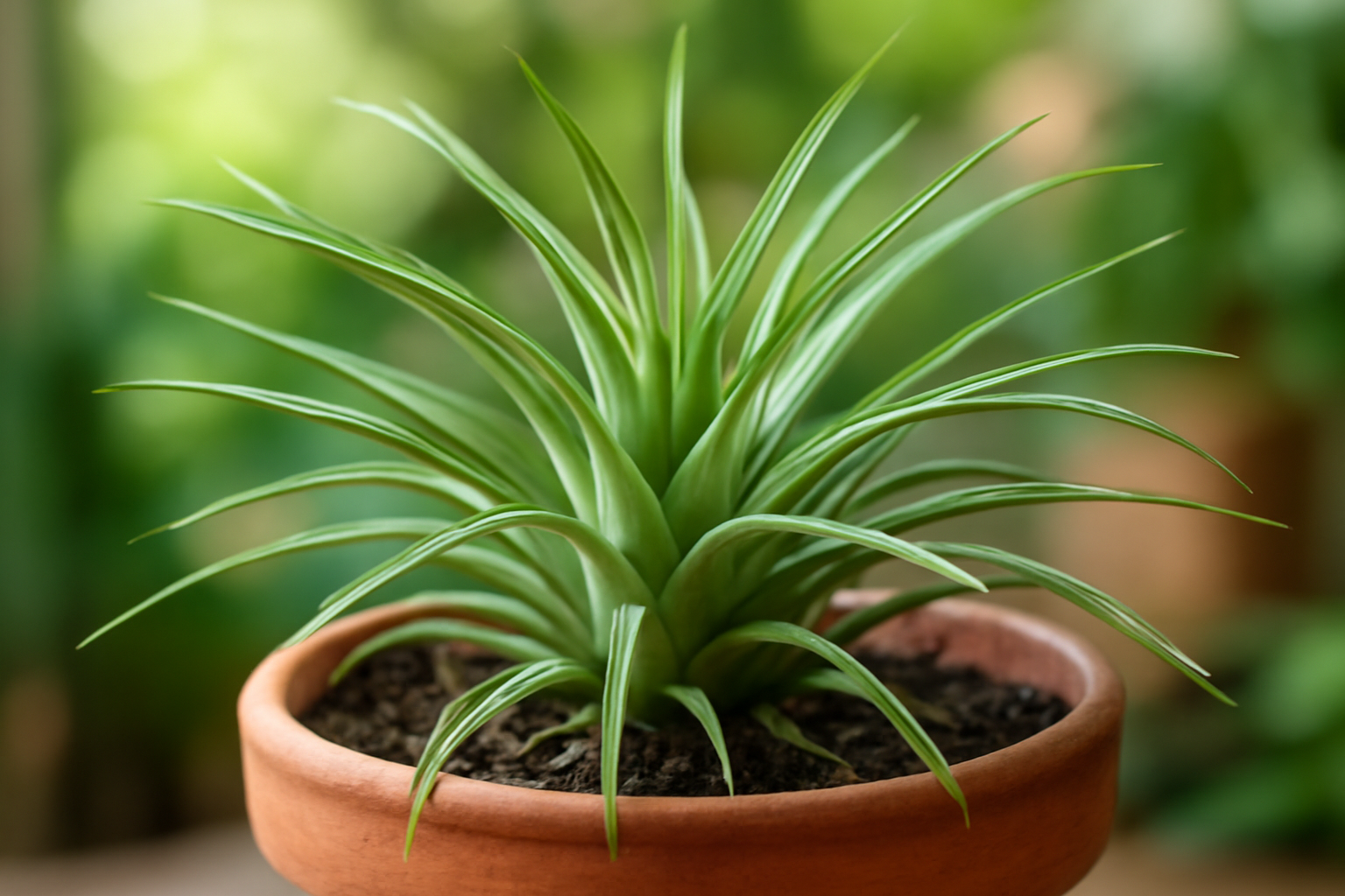 Egy Tillandsia aeranthos növény zöld levelekkel, terrakotta cserépben.