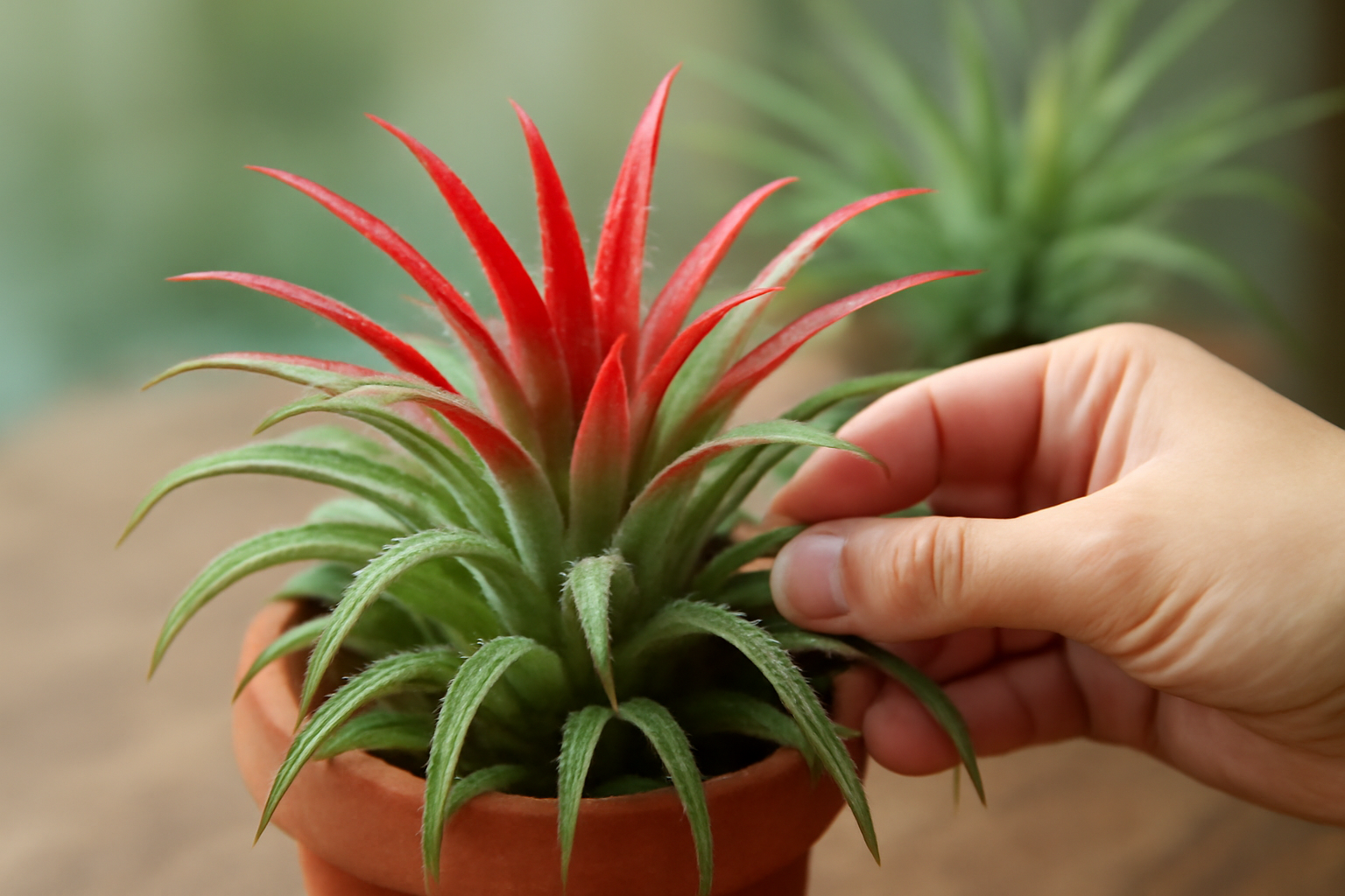 Egy Tillandsia bromélia, élénk piros levelekkel, gondozás közben.