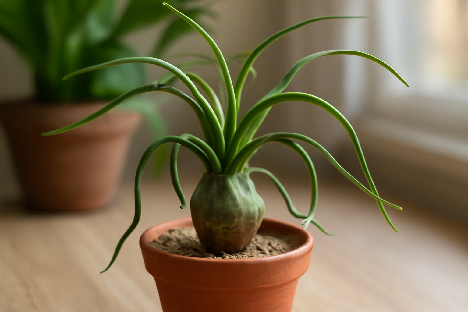 Egy Tillandsia bulbosa szobanövény, zöld levelekkel és gömbölyű alappal, terrakotta cserépben.