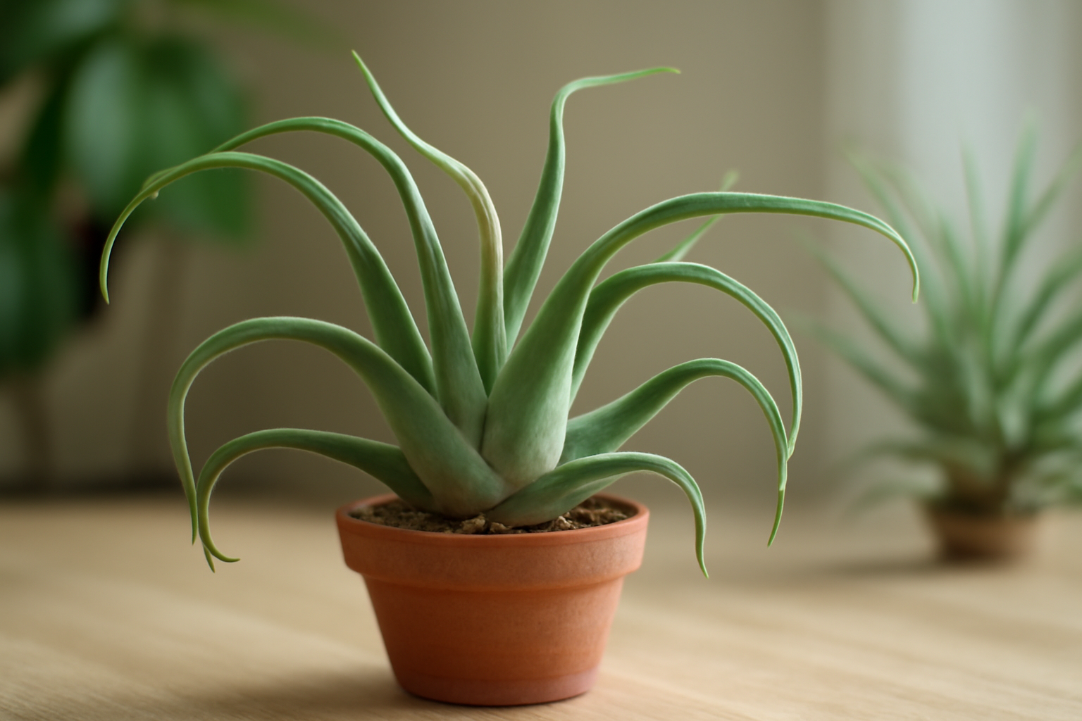 A Tillandsia caput-medusae szobanövény, hosszú, ívelt levelekkel, terrakotta cserépben.