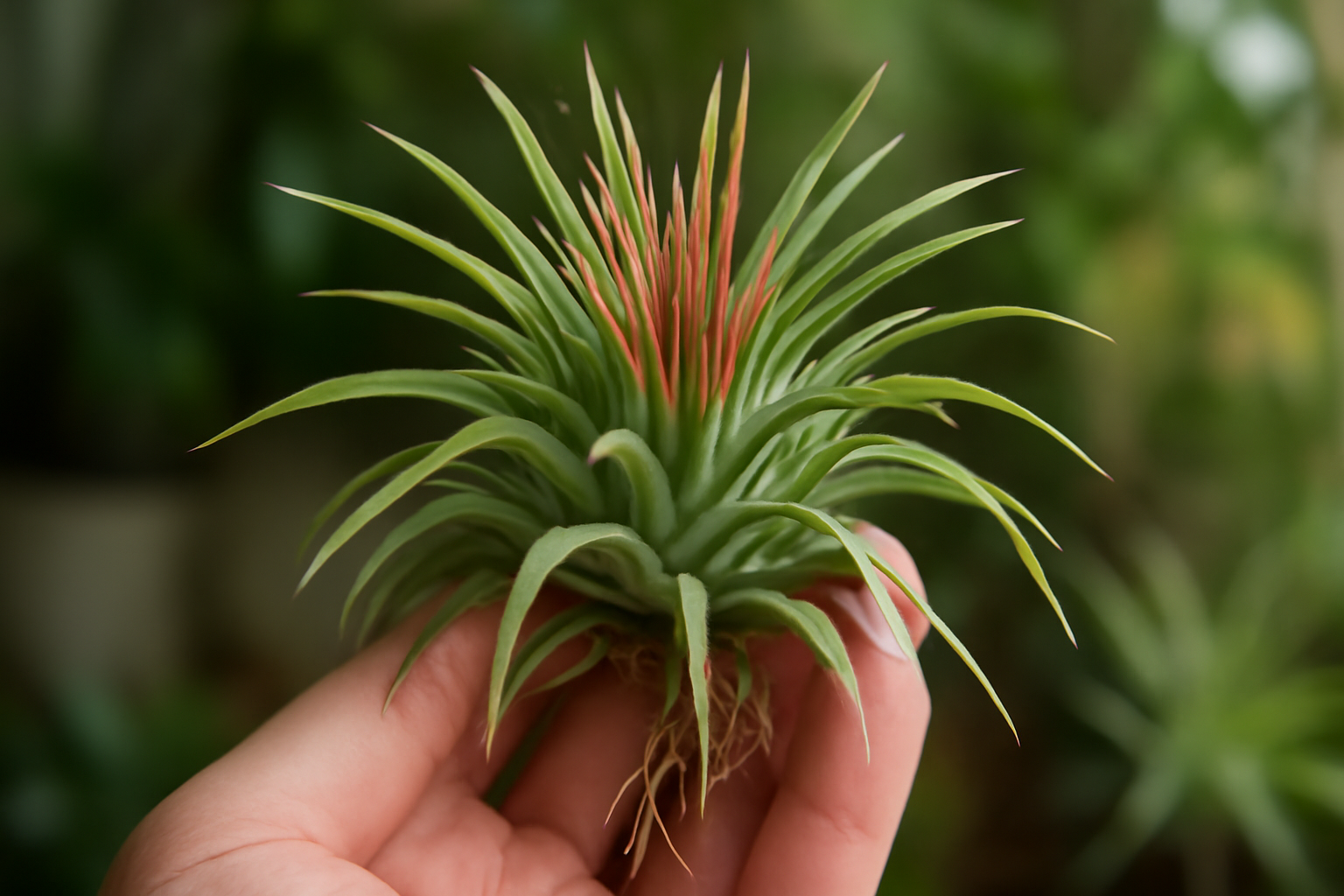 Egy Tillandsia ionantha növény, zöld levelekkel és pirosas csúcsokkal, kézben tartva.