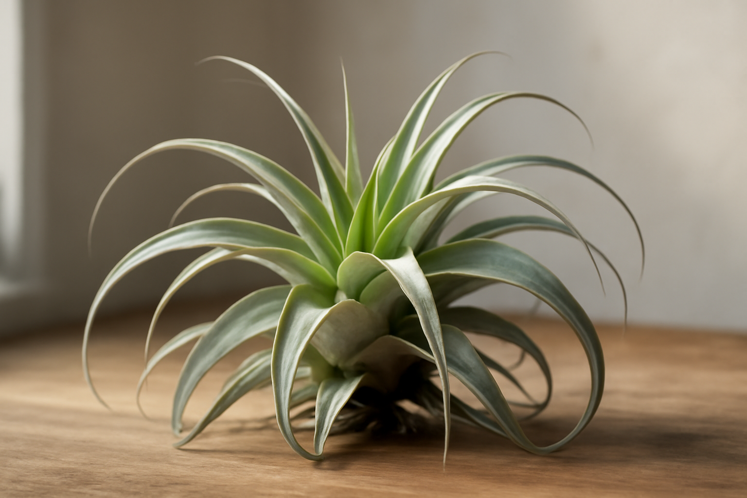 Egy Tillandsia xerographica növény, zöld levelekkel, fából készült asztalon.