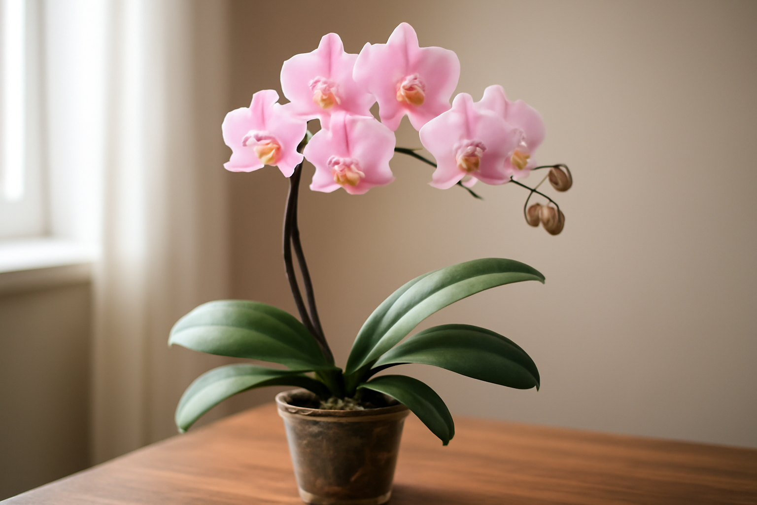 Egy gyönyörű, rózsaszín virágú orchidea szobanövény, zöld levelekkel.