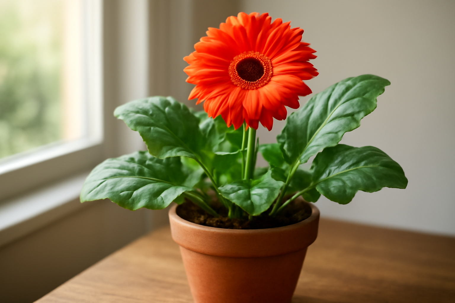 Egy élénk narancssárga virágú szobai gerbera zöld levelekkel, cserépben.