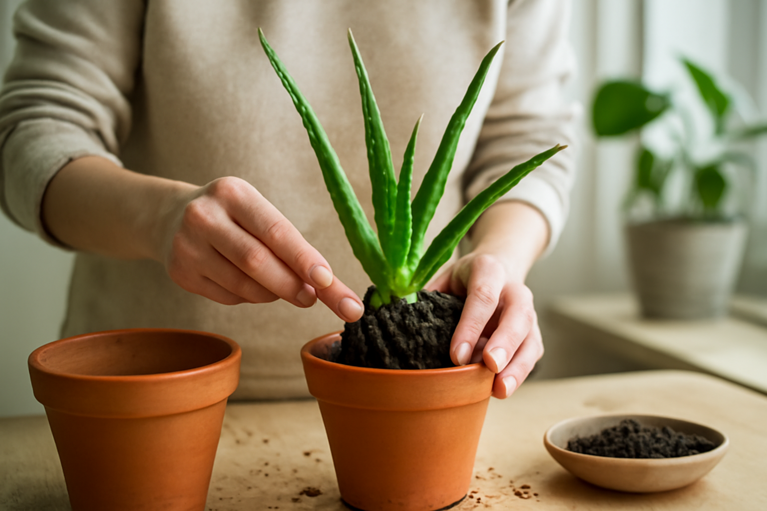 Egy személy aloe verát ültet át egy cserépbe, mellette üres cserép és föld.