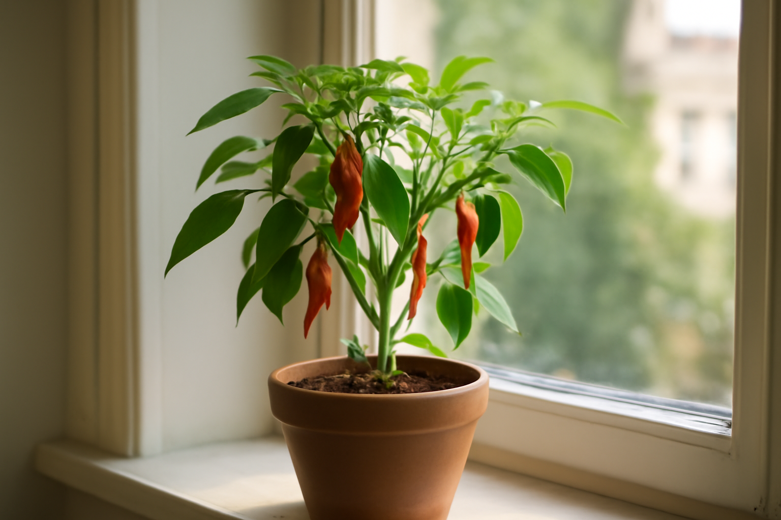 Egy ablakpárkányon álló chili paprika növény, piros termésekkel.