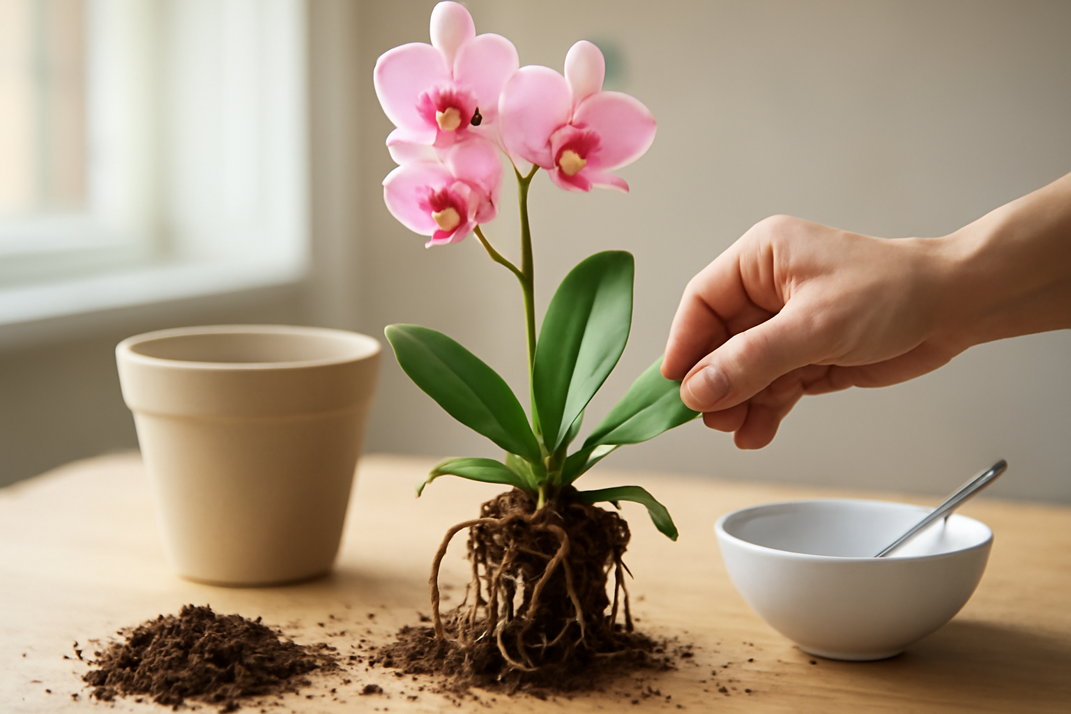 Egy orchidea ültetése, a gyökerek láthatóak, miközben egy kéz a leveleket igazítja.