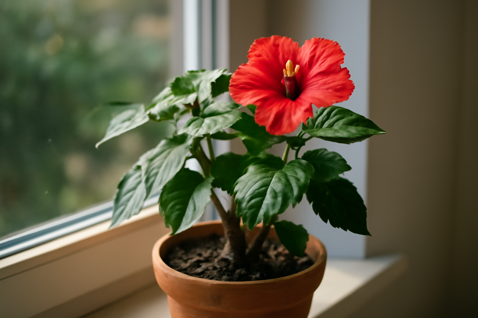 Egy virágzó hibiszkusz szobanövény piros virággal, zöld levelekkel.