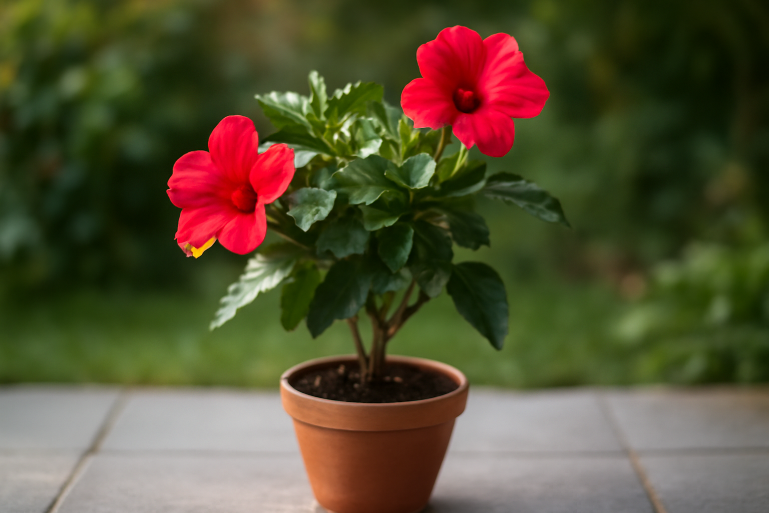 Két élénkpiros hibiszkuszvirág egy cserépben, zöld levelekkel körülvéve.