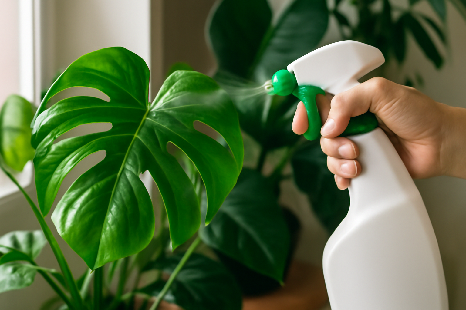 Egy kéz levélfényesítő spray-t használ egy zöld szobanövény levelein.
