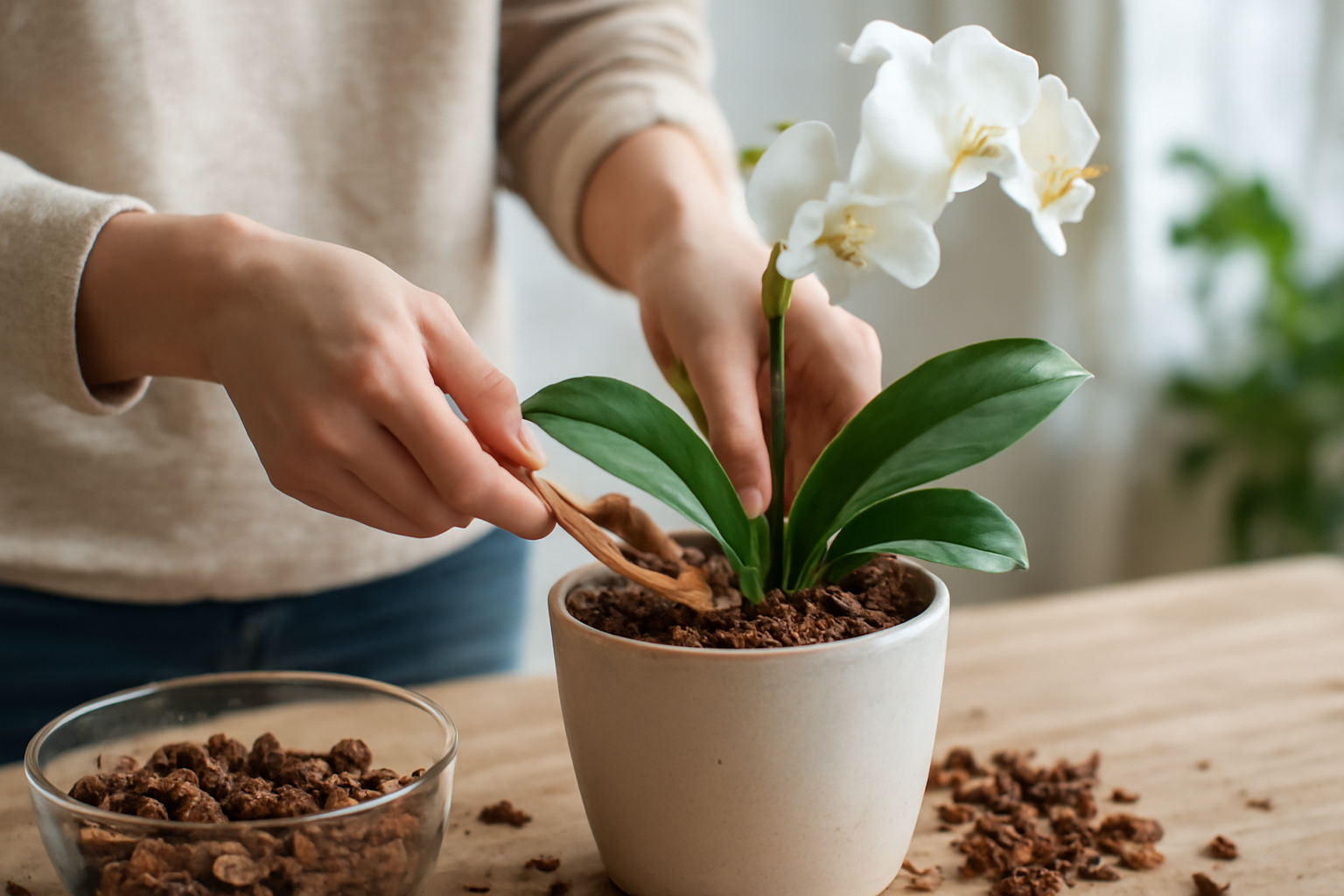 Egy nő orchideát ültet át friss kéregbe, gondosan ápolva a növényt.