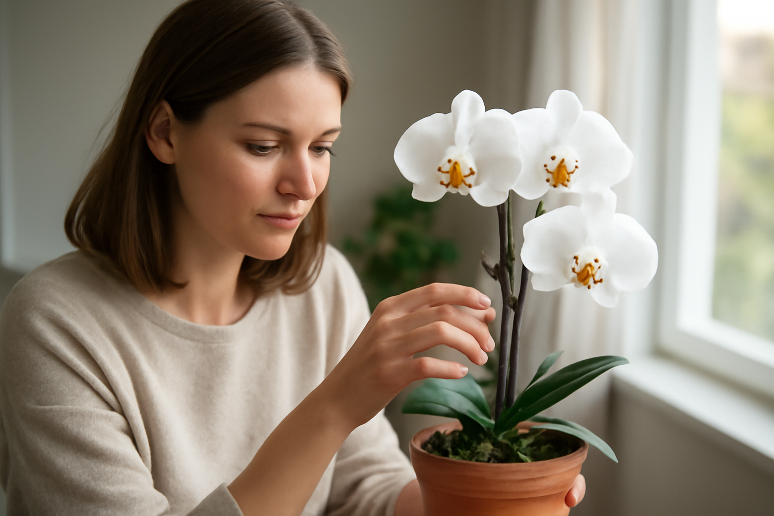 Egy nő gondosan ápol egy fehér orchideát, figyelmesen nézve a virágokra.