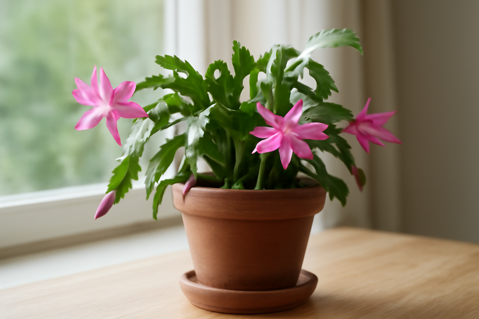 Egy levélkaktusz virágzik, pink virágai szépen díszítik a zöld leveleket.