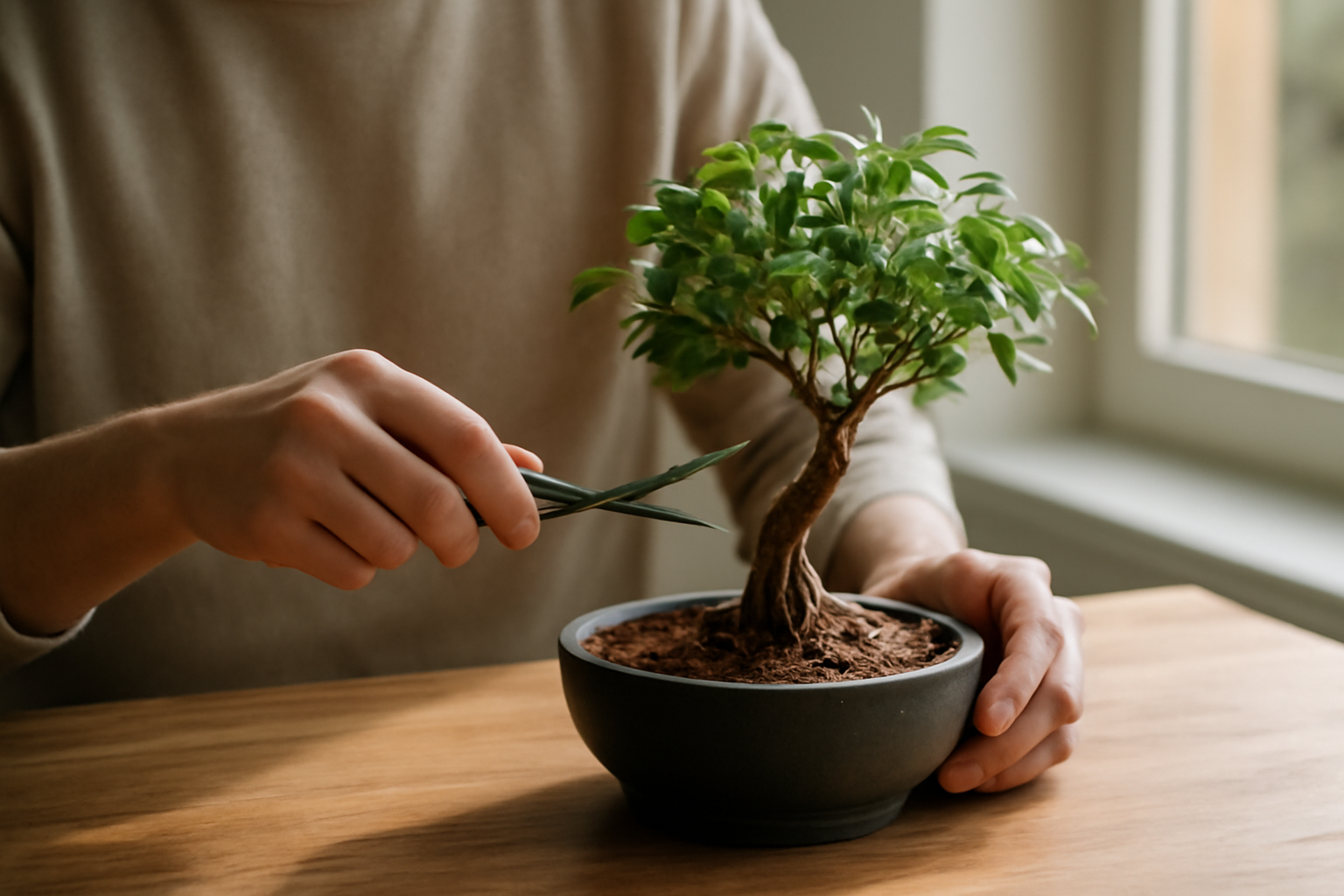 Egy ember bonsai fát metszenek, figyelmesen gondozva a növényt.
