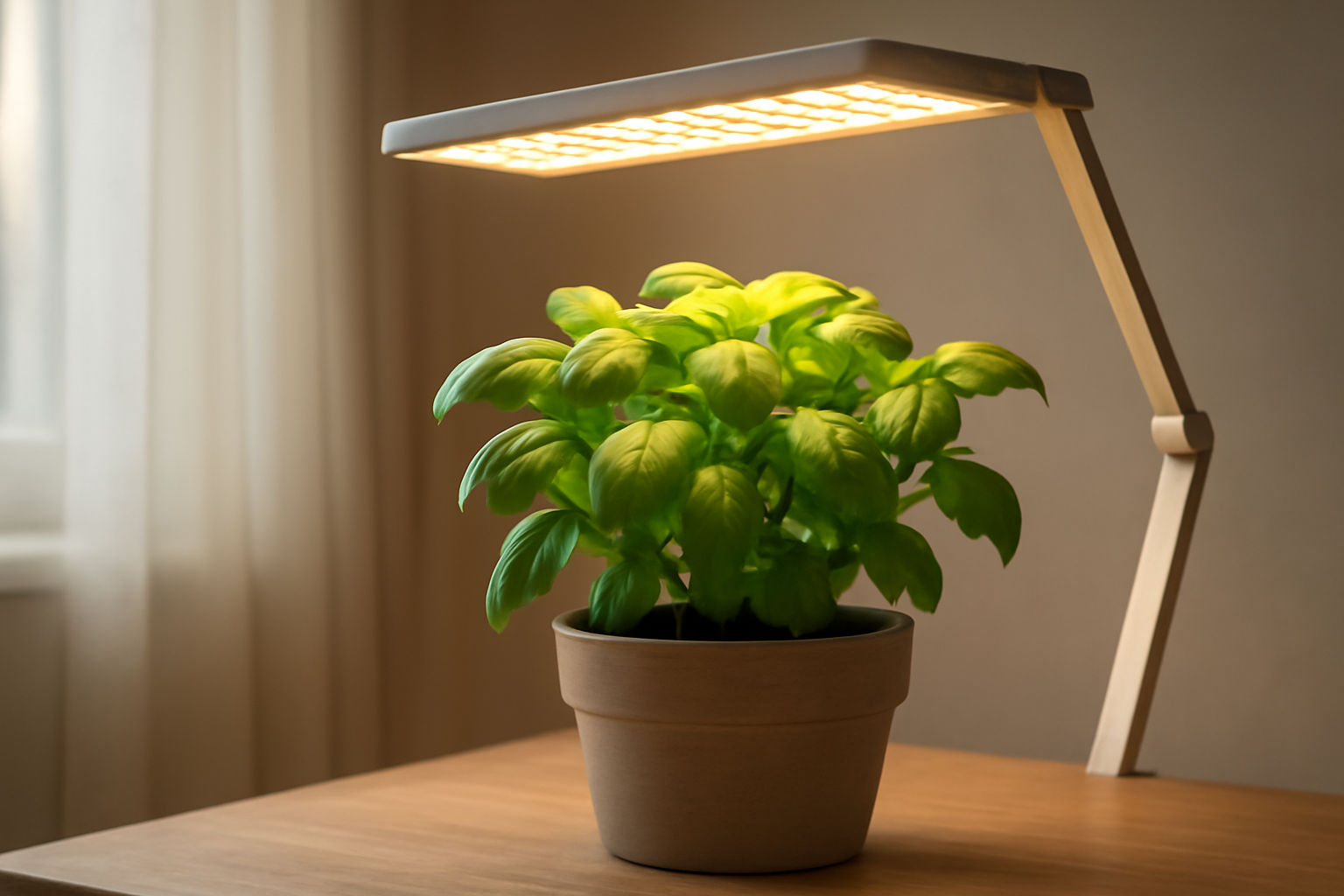Egy zöld bazsalikom növény LED lámpa alatt, beltéri környezetben.
