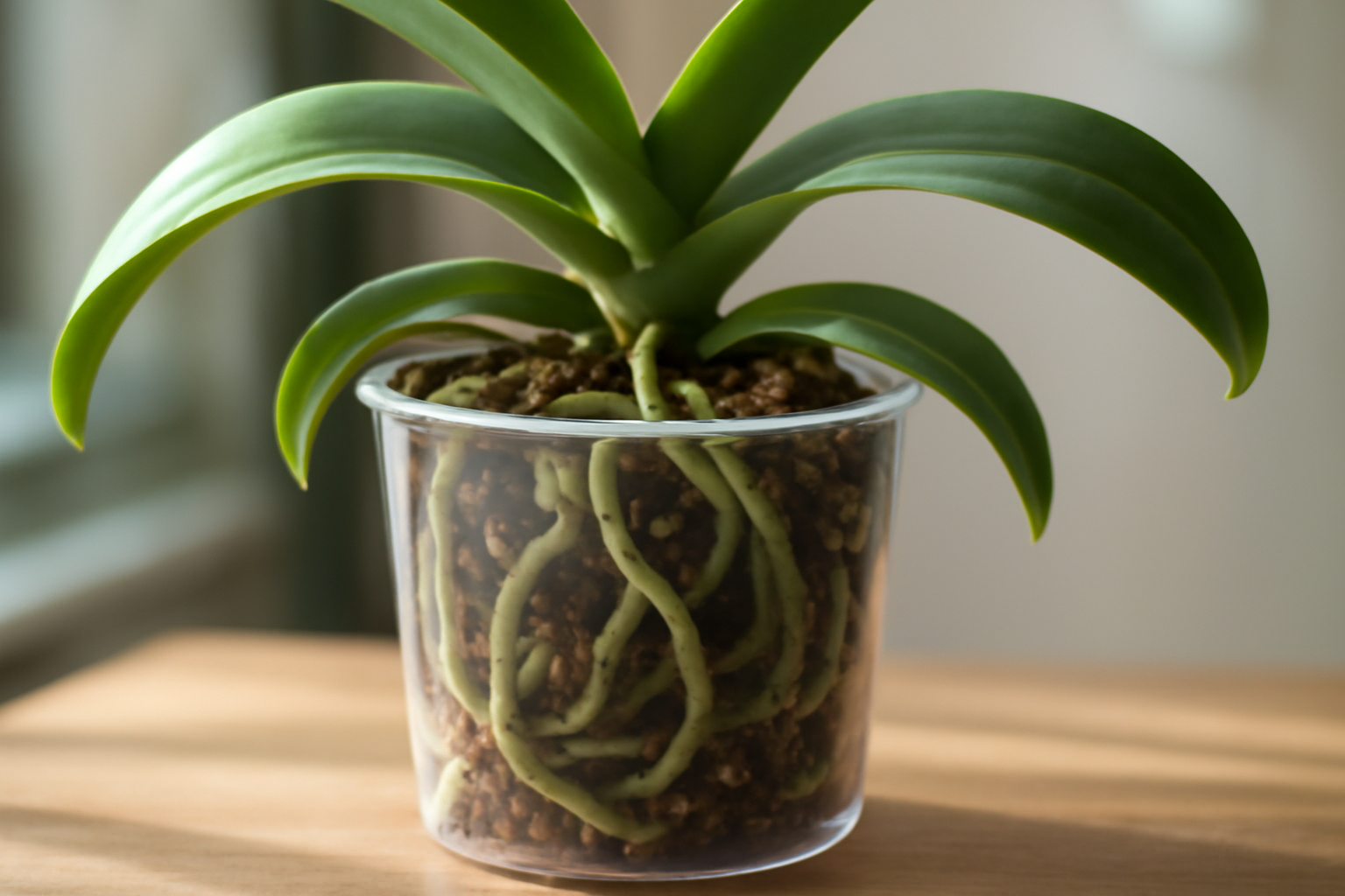 Átlátszó cserépben nevelt orchidea, egészséges gyökerekkel és zöld levelekkel.